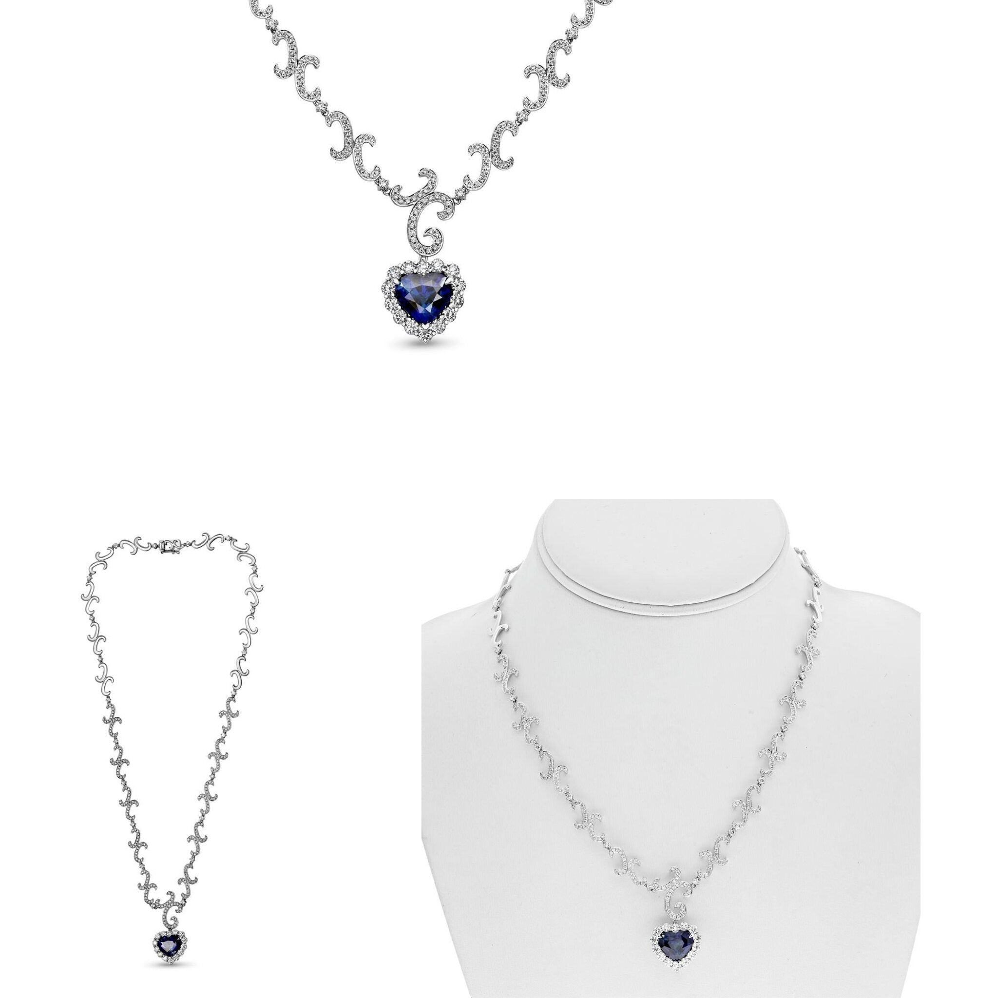 Roman & Jules 14K White Gold Heart Shape Sapphire Necklace with 2.00 Carat Round Diamonds - 1.44 Carat Total Diamond Weight