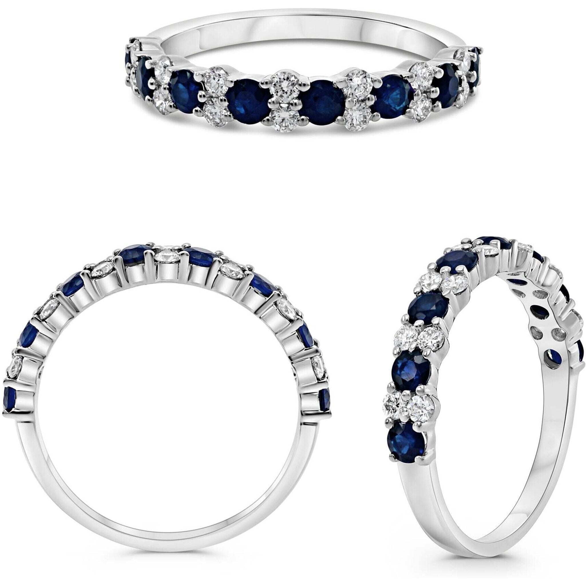 Roman & Jules 14K White Gold Round Sapphire and Diamond Ring - 0.33 Carat Diamond, 0.75 Carat Sapphire