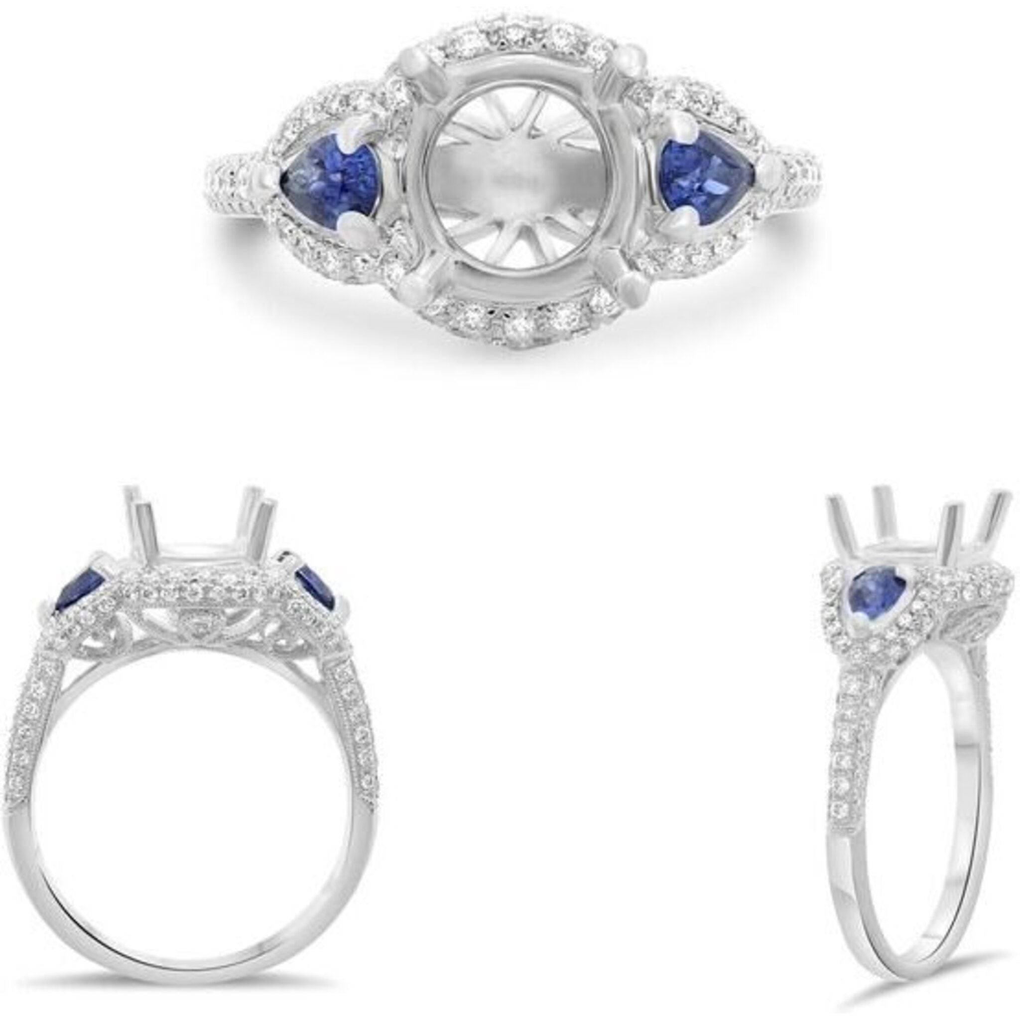 Roman & Jules 14K White Gold Round Sapphire Ring with .39 Carat Sapphire and .40 Carat Round Diamond