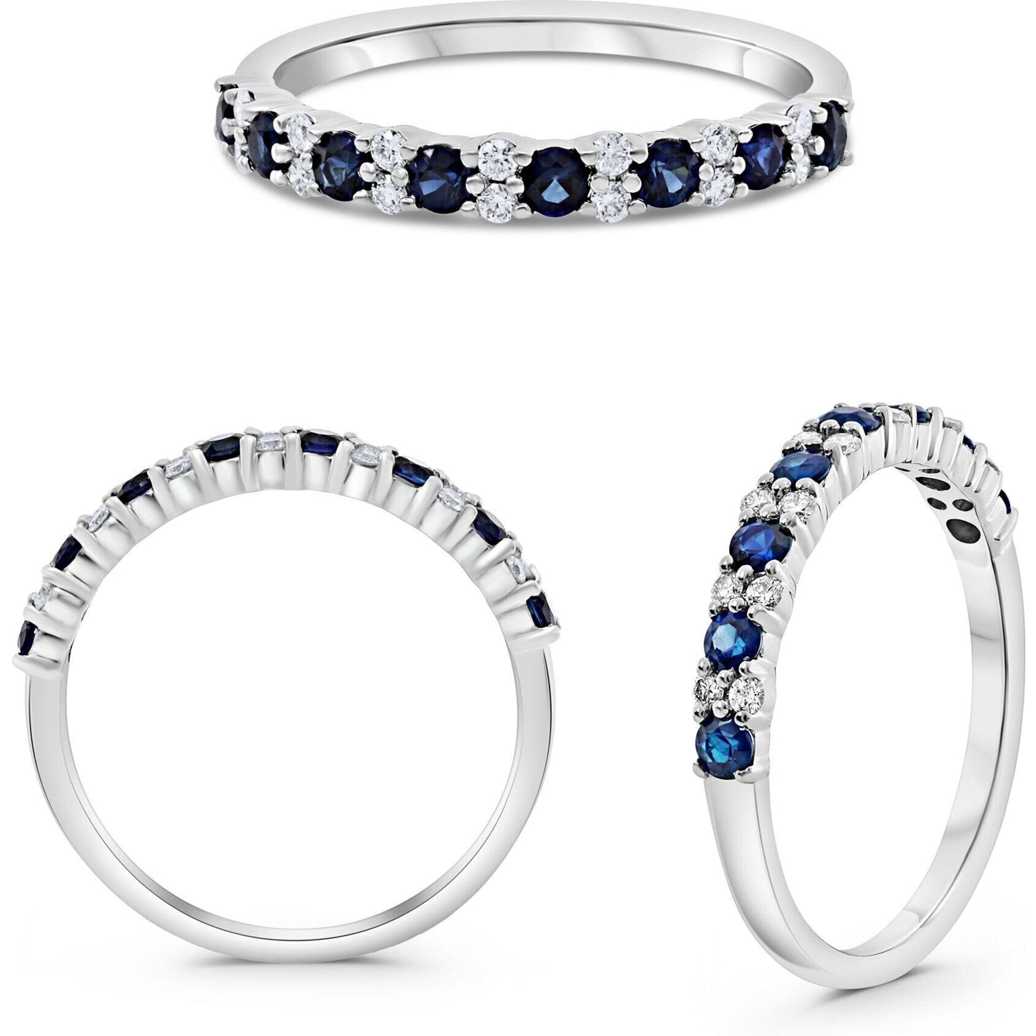 Roman & Jules 14K White Gold Round Sapphire Ring with Diamond Accents - 0.45 Carat Sapphire, 0.15 Carat Total Diamond Weight