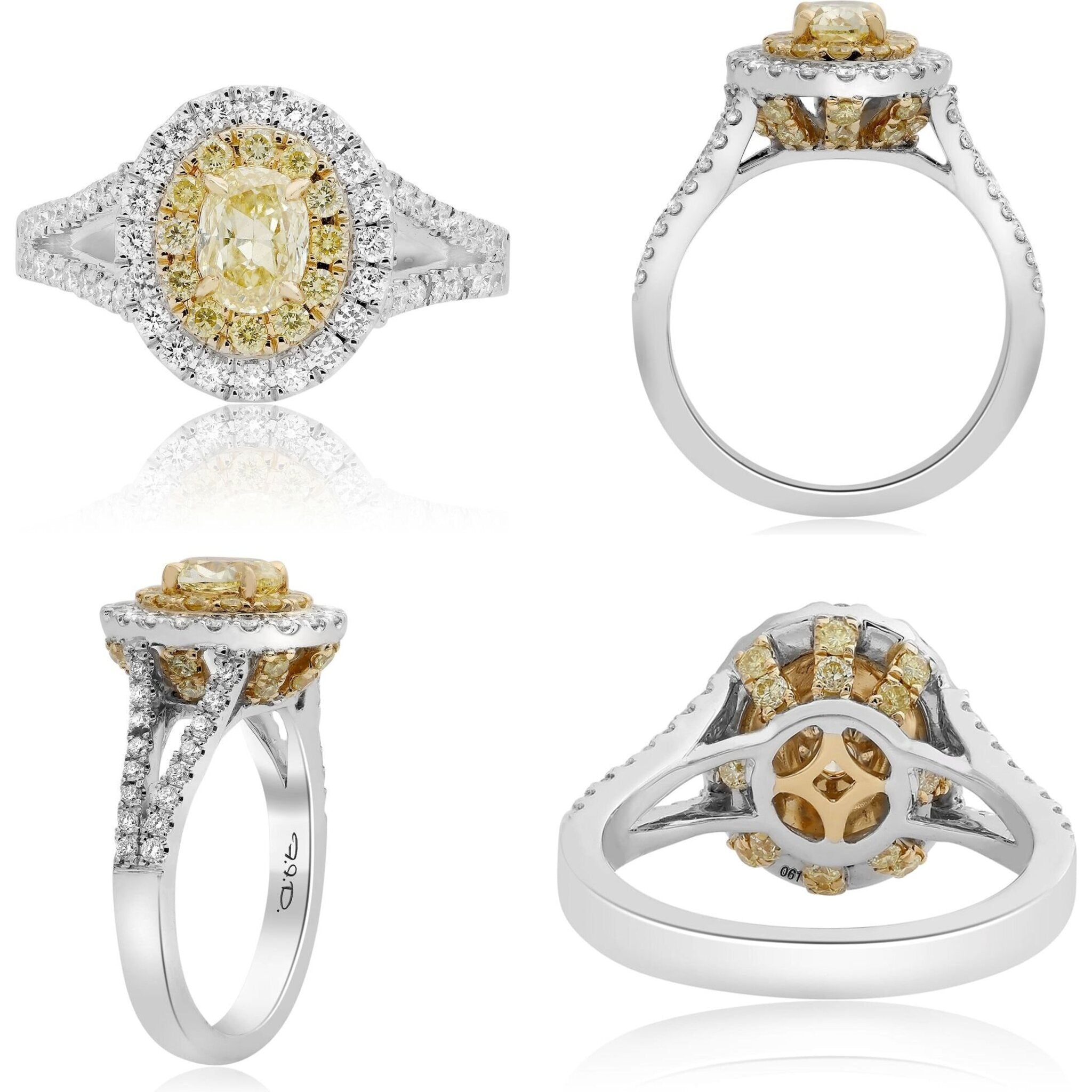 Roman & Jules 18K Gold Cathedral Set Two Tone Diamond Ring with 0.70 Carat Oval Cut Yellow Diamond and Double Halo @CR()%%THEBRAND
