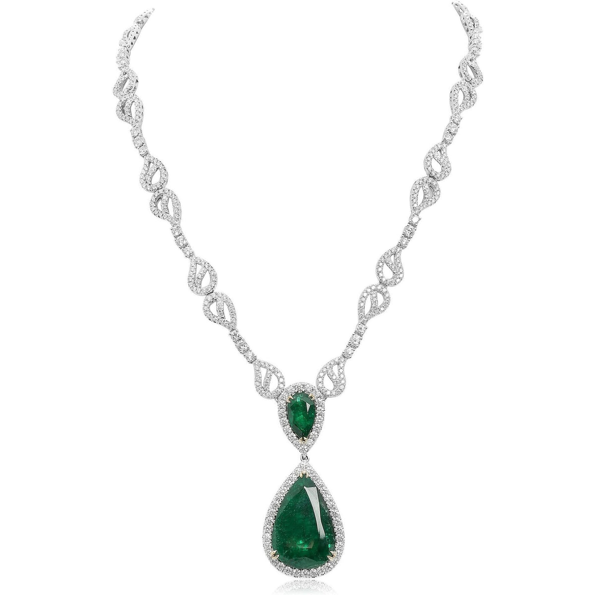 Roman & Jules 18K Gold Double Pear Emerald & Diamond Necklace
