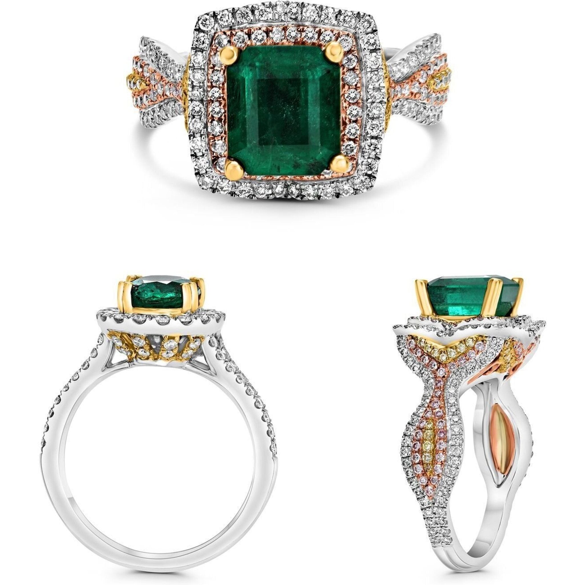 Roman & Jules 18K Gold Emerald Cut Emerald Ring with Yellow, Pink, and Round Diamonds - 2.54 Carat Total Weight