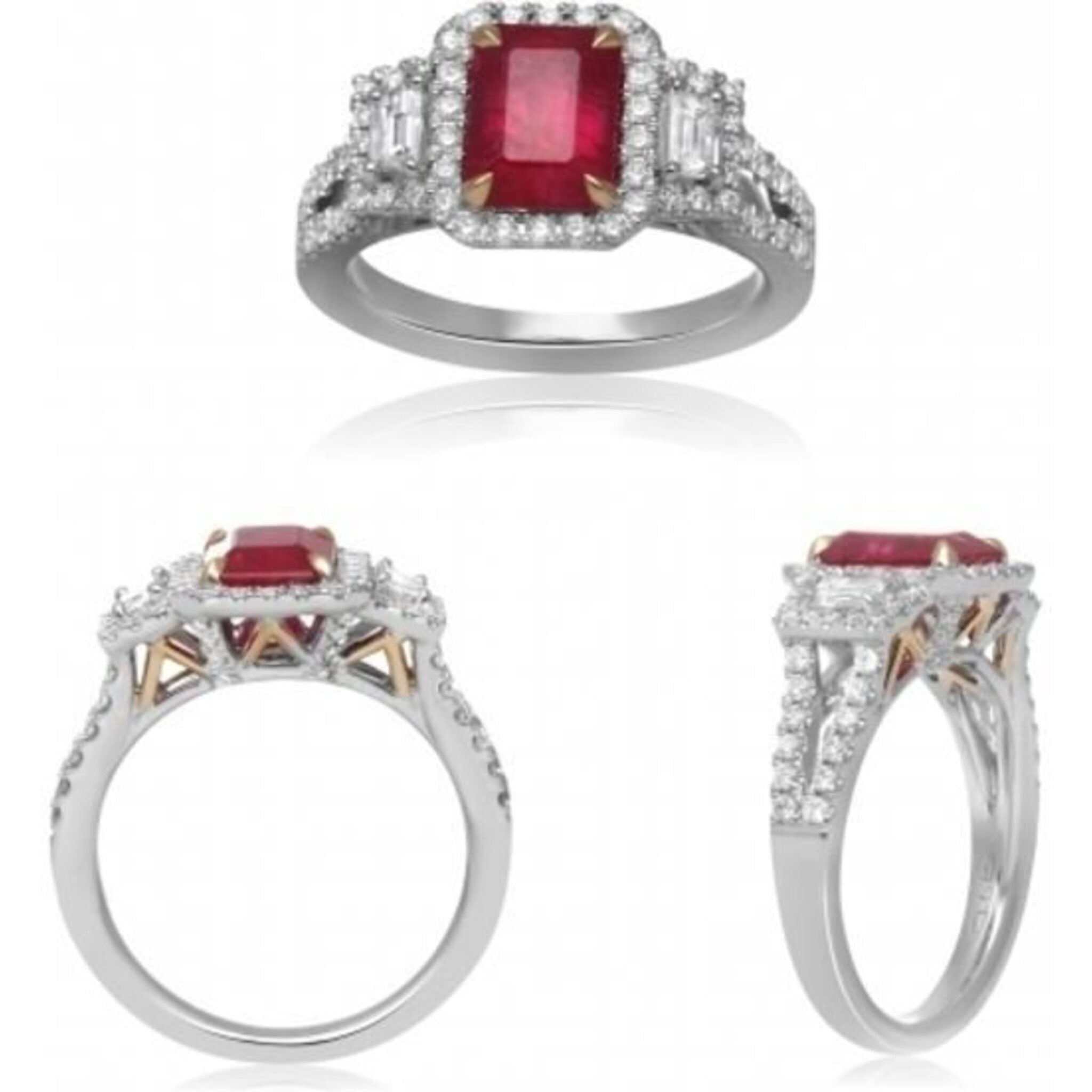 Roman & Jules 18K White Gold 2.03 Carat Emerald Cut Ruby Ring with Diamond Halo - GIA Certified