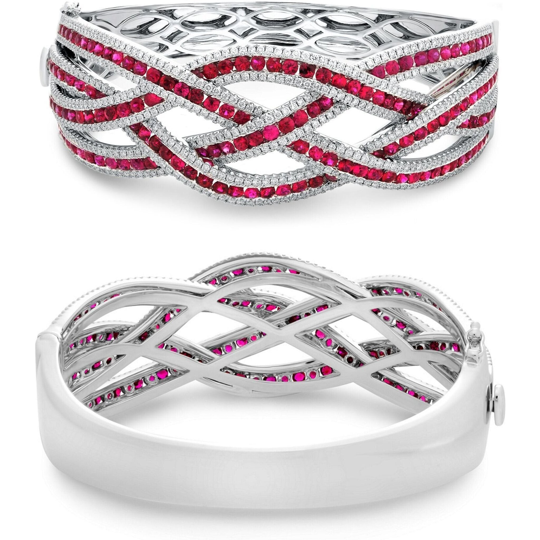 Roman & Jules 18K White Gold 7+ Carat Ruby and Diamond Multi-Row Crossover Bangle
