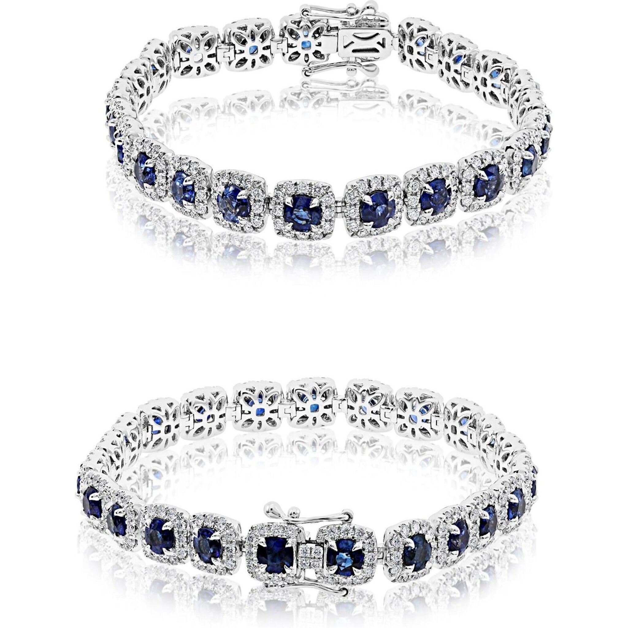 Roman & Jules 18K White Gold Cushion Sapphire Bracelet with 2.85 Carat Round Diamonds and 10.00 Carat Sapphire Total Weight