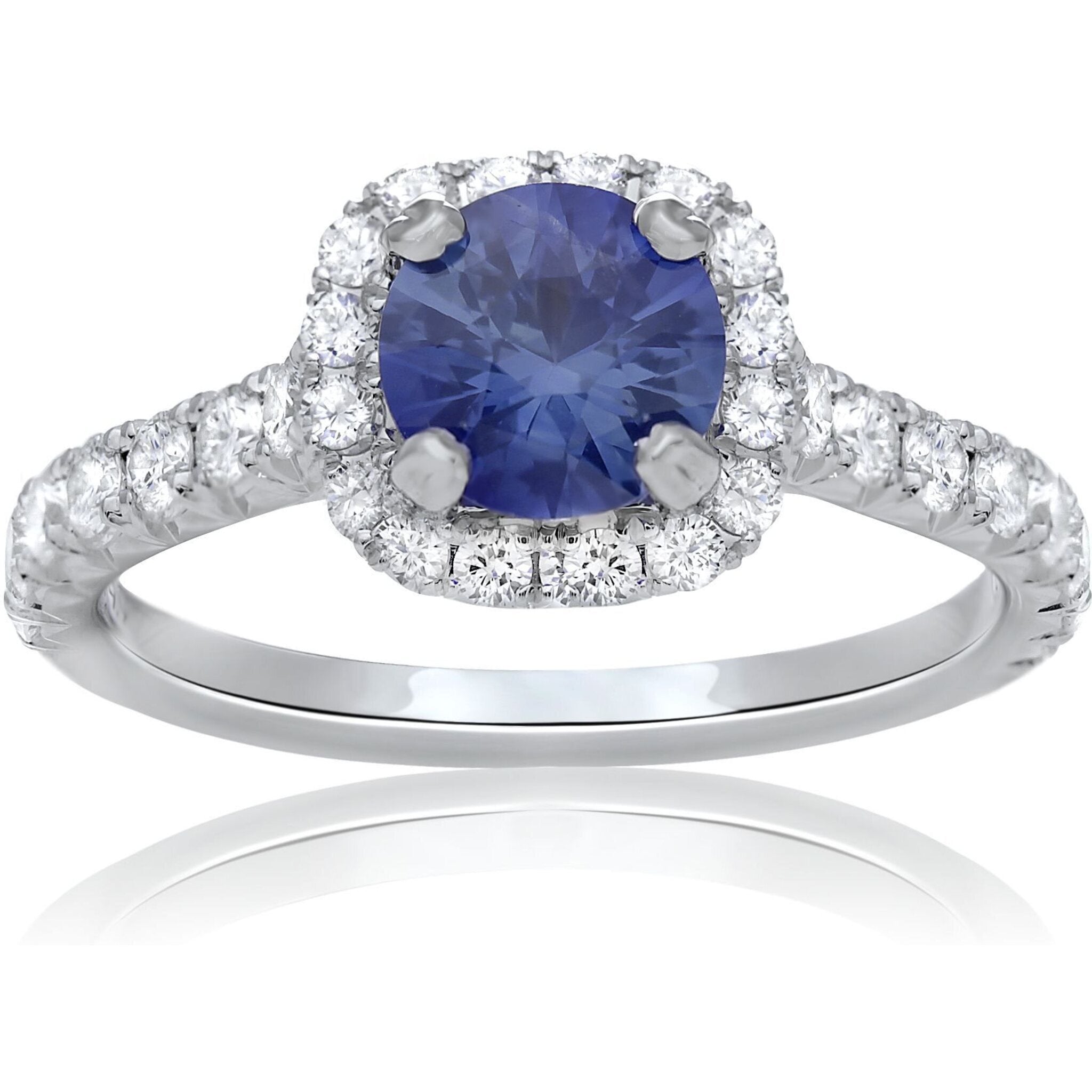 Roman & Jules 18K White Gold Cushion Sapphire Ring with Diamond Halo - 0.94 Carat Sapphire, 0.72 Carat Diamond Total Weight