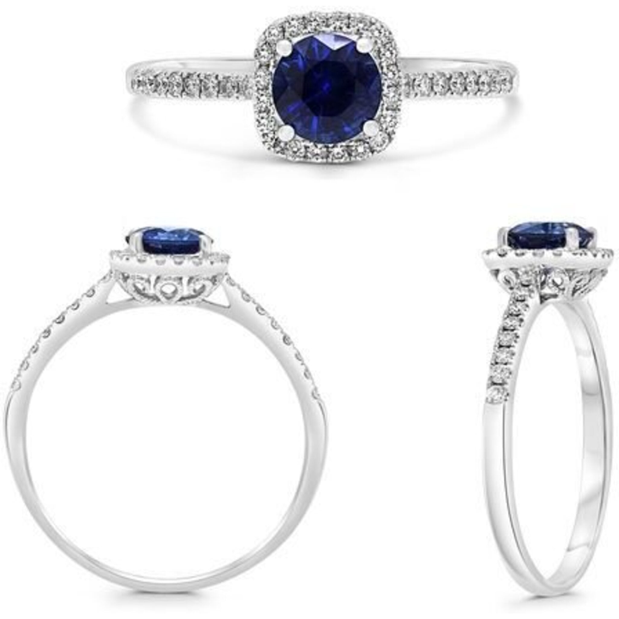 Roman & Jules 18K White Gold Cushion Sapphire Ring with Diamond Halo - 1.08 Carat Total Gem Weight