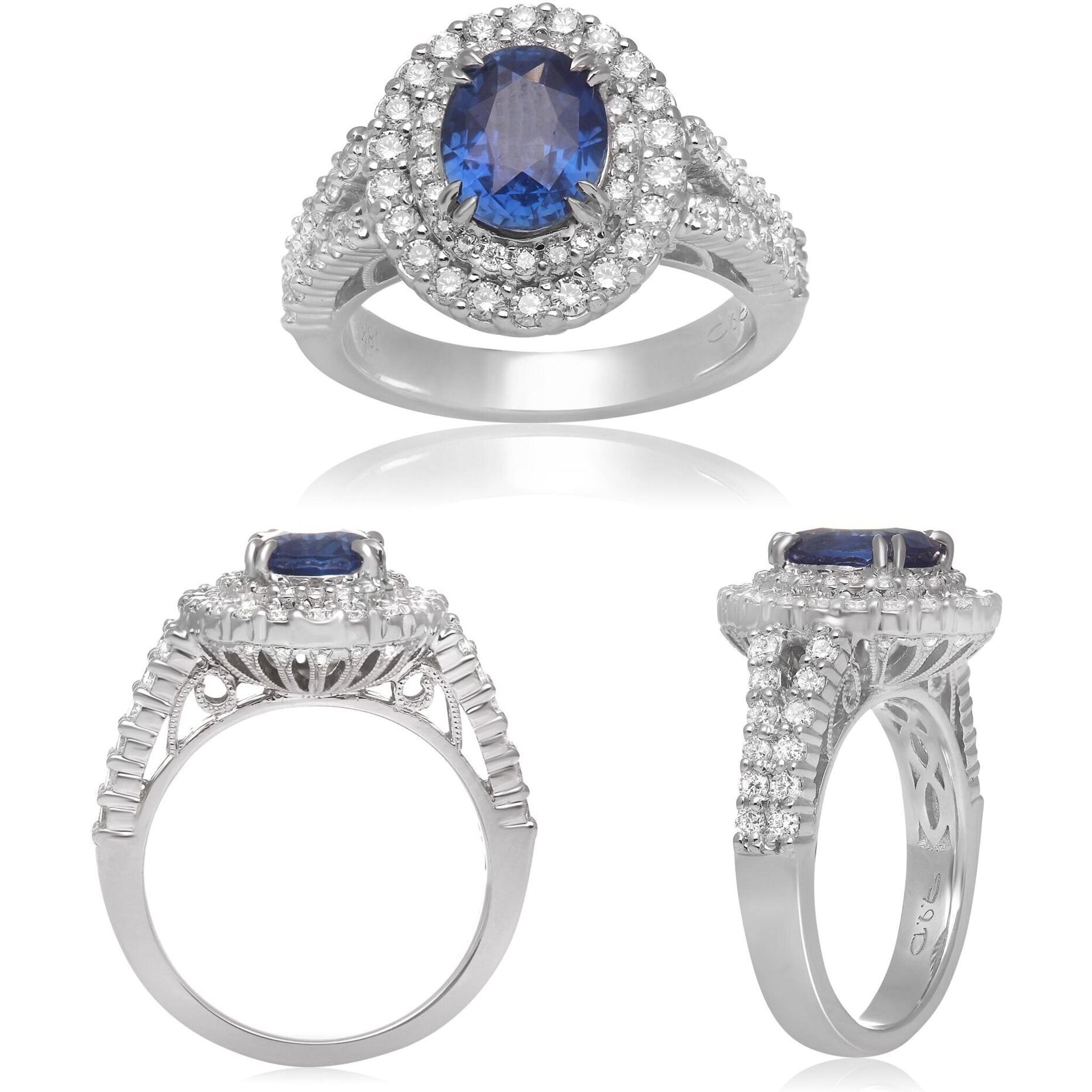 Roman & Jules 18K White Gold Double Halo Sapphire & Diamond Ring - 1.03 Carat Diamond, 2.34 Carat Sapphire