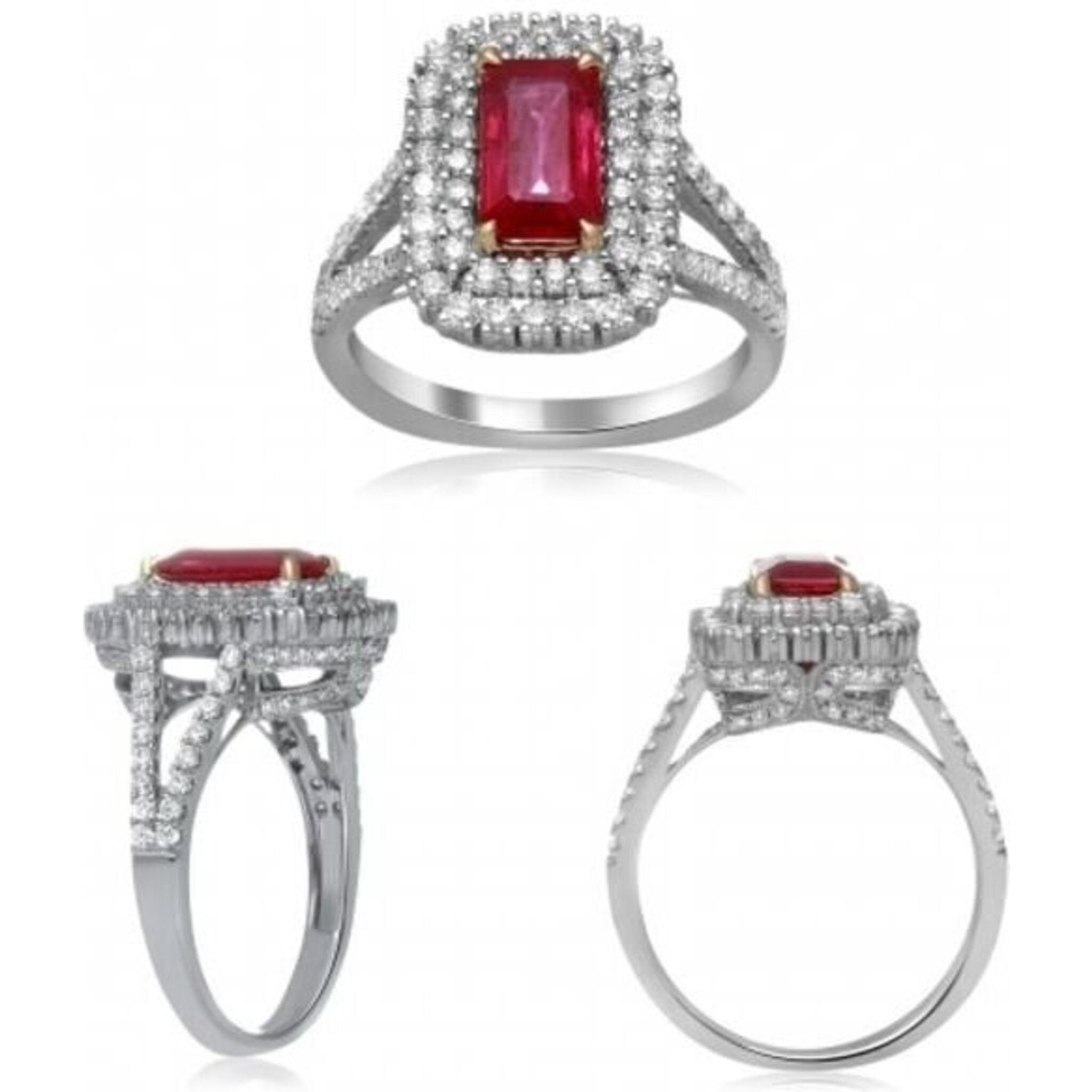 Roman & Jules 18K White Gold Emerald Cut Ruby Ring with Round Diamonds - 1.53 Carat Ruby