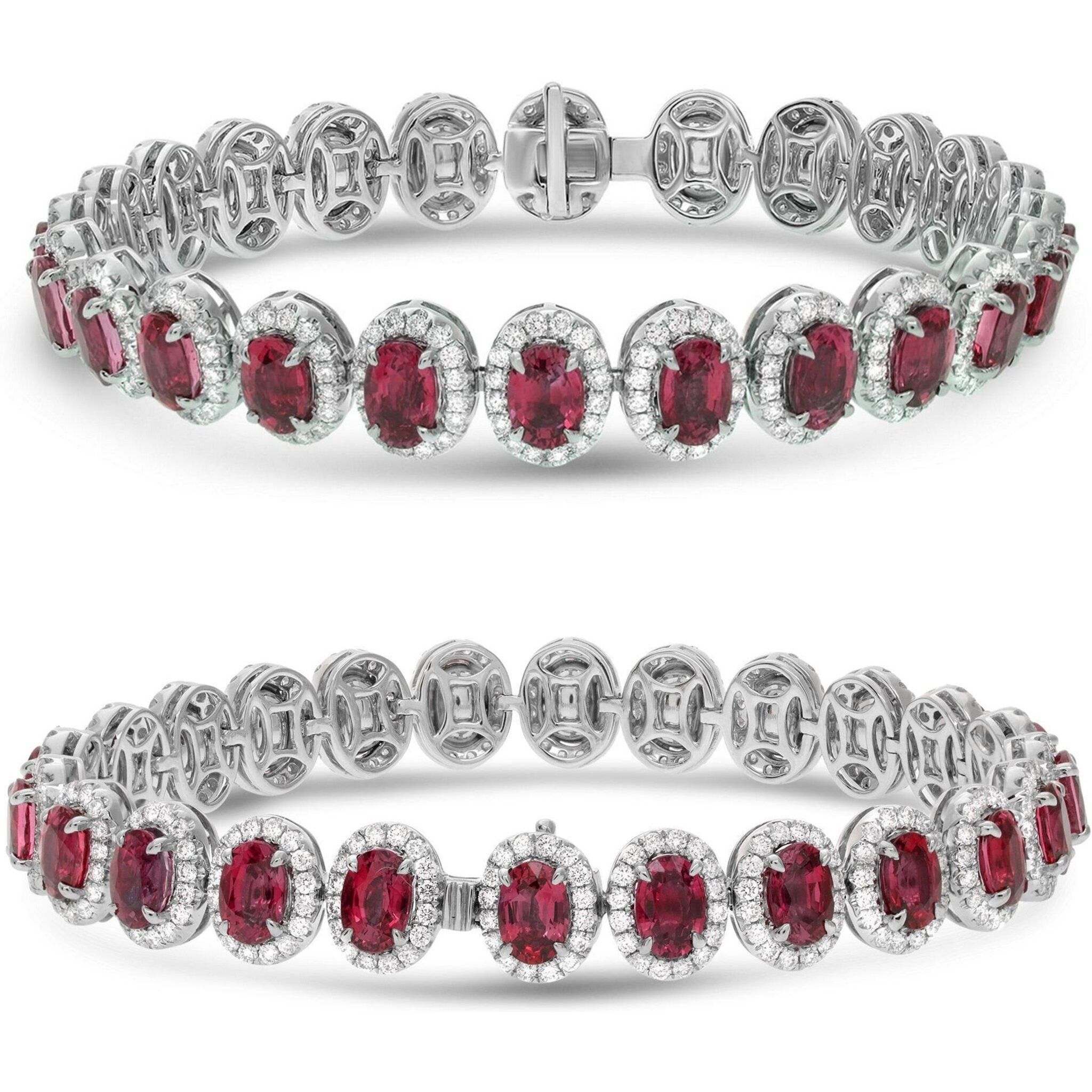 Roman & Jules 18K White Gold Four Prong Ruby Halo Bracelet - 2.85 Carat Diamond, 12.23 Carat Ruby Total Weight