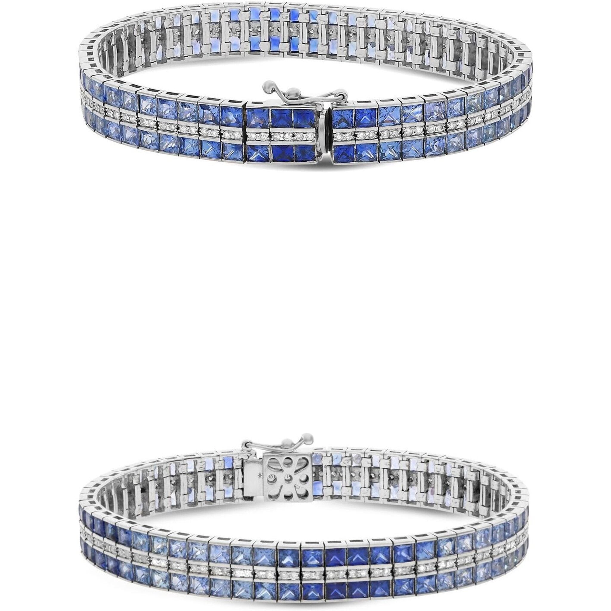 Roman & Jules 18K White Gold Gradient Sapphire Bracelet with 1.20 Carat Round Diamond Accents - 19.10 Carat Total Gem Weight