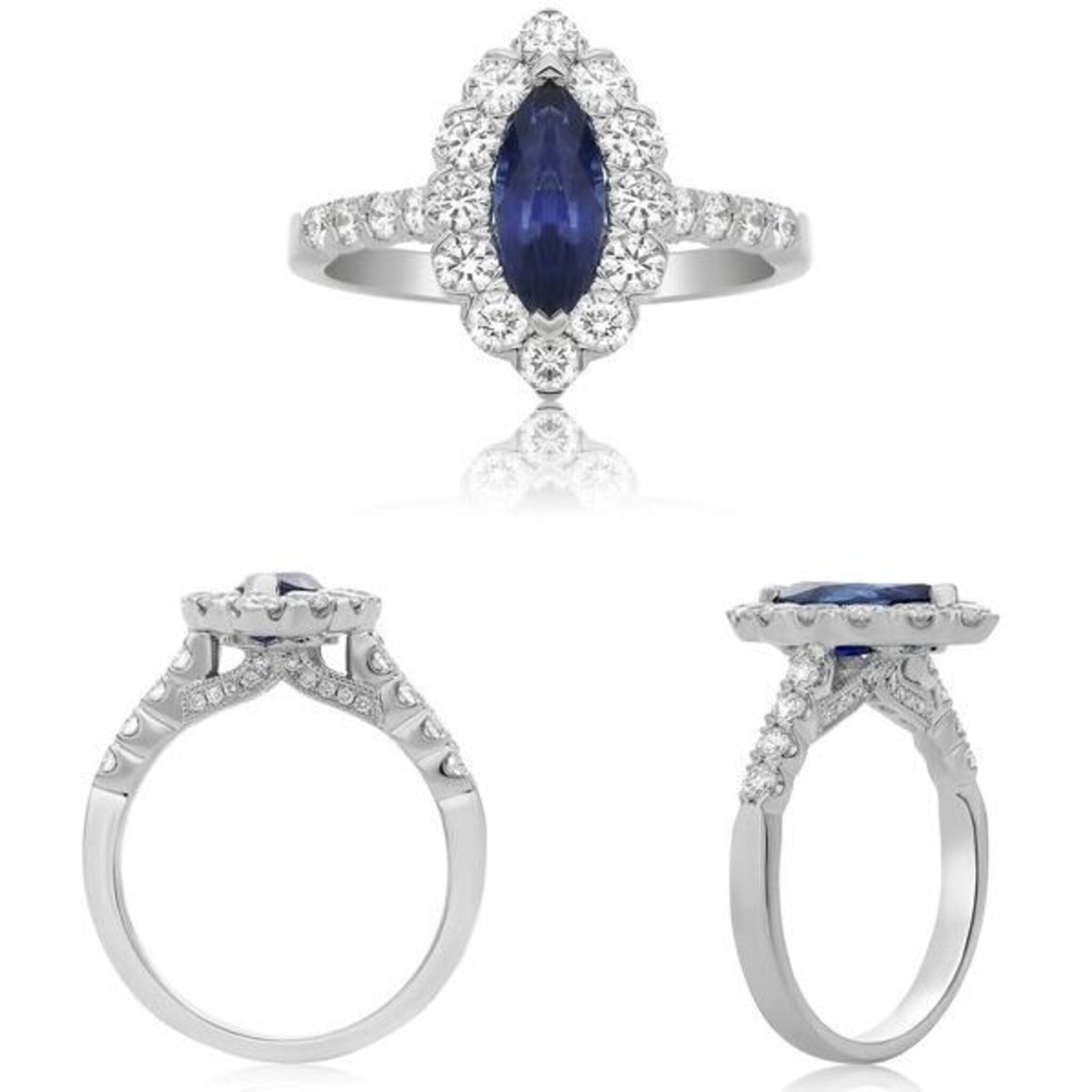 Roman & Jules 18K White Gold Marquise Cut Sapphire & Diamond Ring - 1.03 Carat Diamond, 1.40 Carat Sapphire