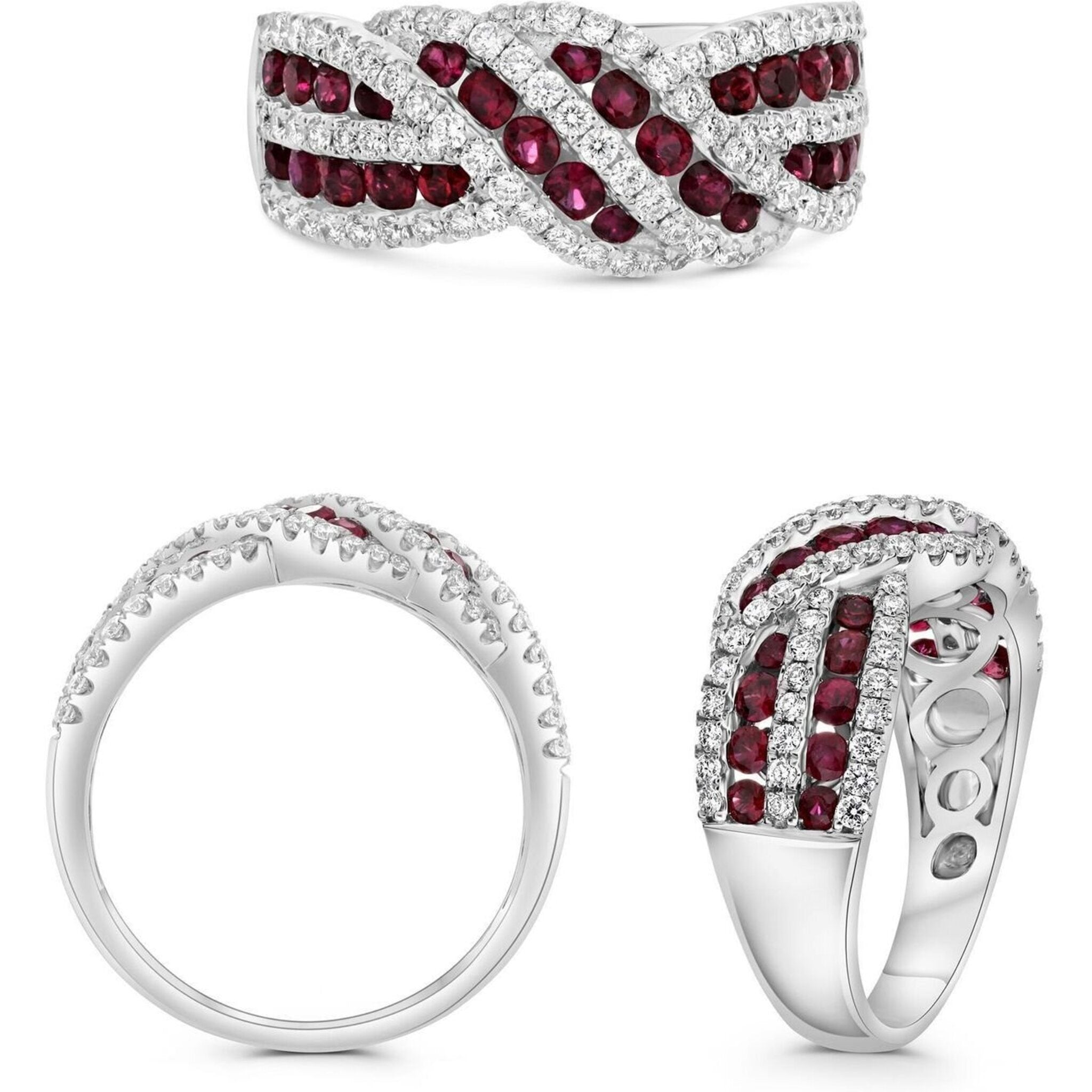 Roman & Jules 18K White Gold Mixed Shape Ruby Ring with Diamond Accents - 1.44 Carat Total Ruby Weight, 0.55 Carat Total Diamond Weight