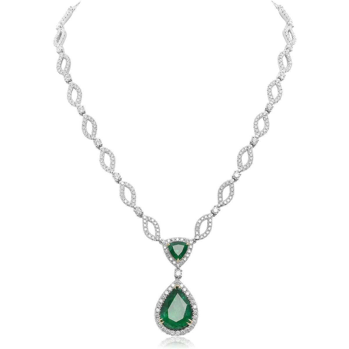 Roman & Jules 18K White Gold Ornate Pear-Shaped Emerald Necklace - 14.54 Carat Emeralds, 10.35 Carat Diamonds
