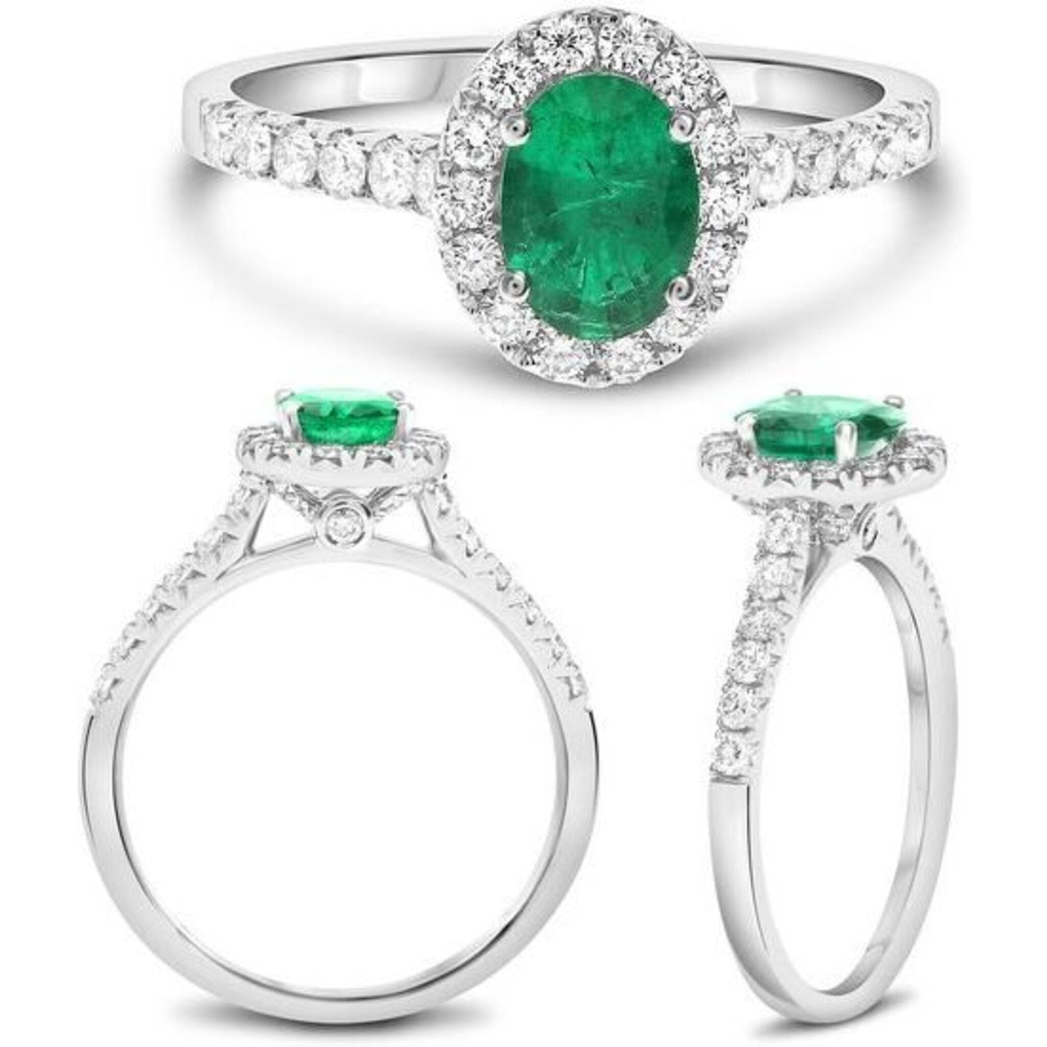 Roman & Jules 18K White Gold Oval Emerald Ring - 0.67 Carat Total Diamond Weight
