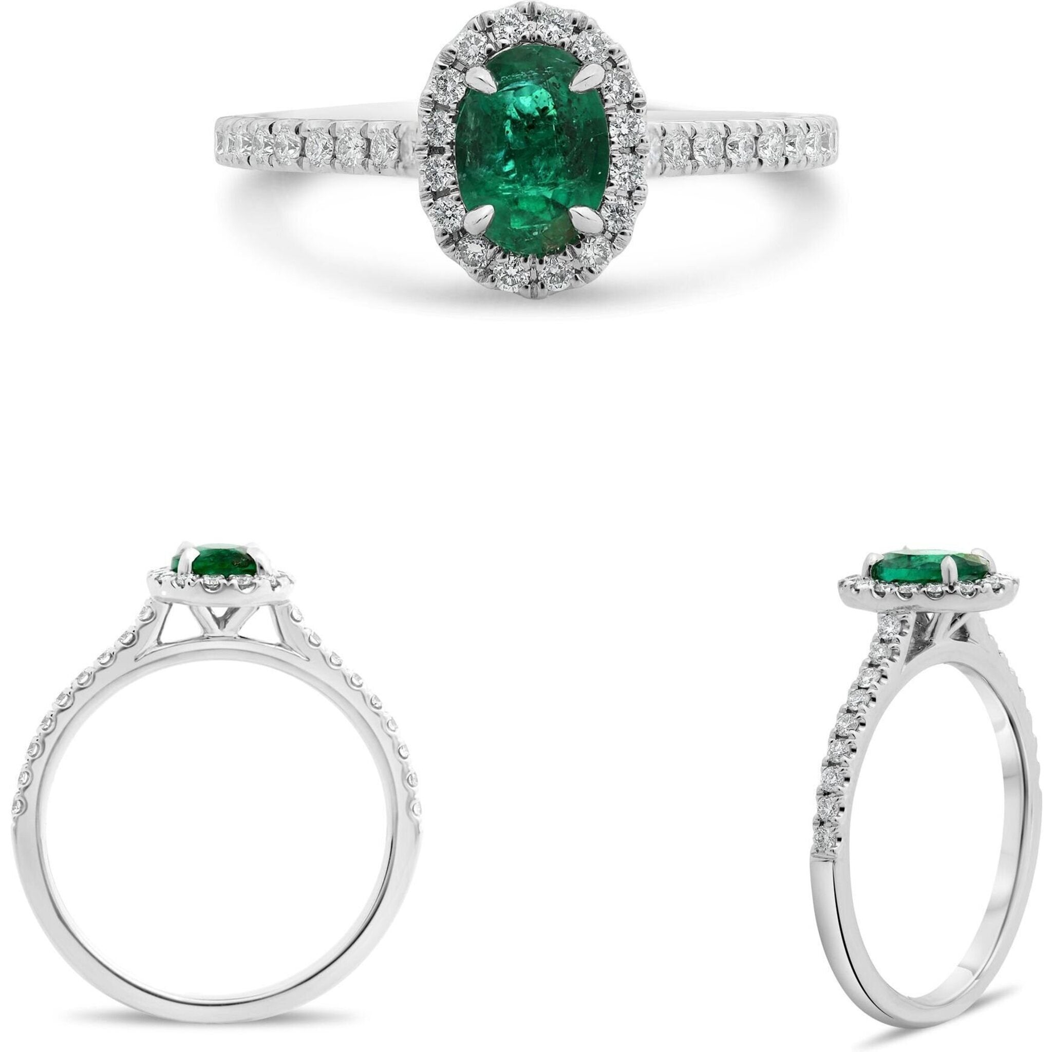 Roman & Jules 18K White Gold Oval Emerald Ring with 0.34 Carat Round Diamonds