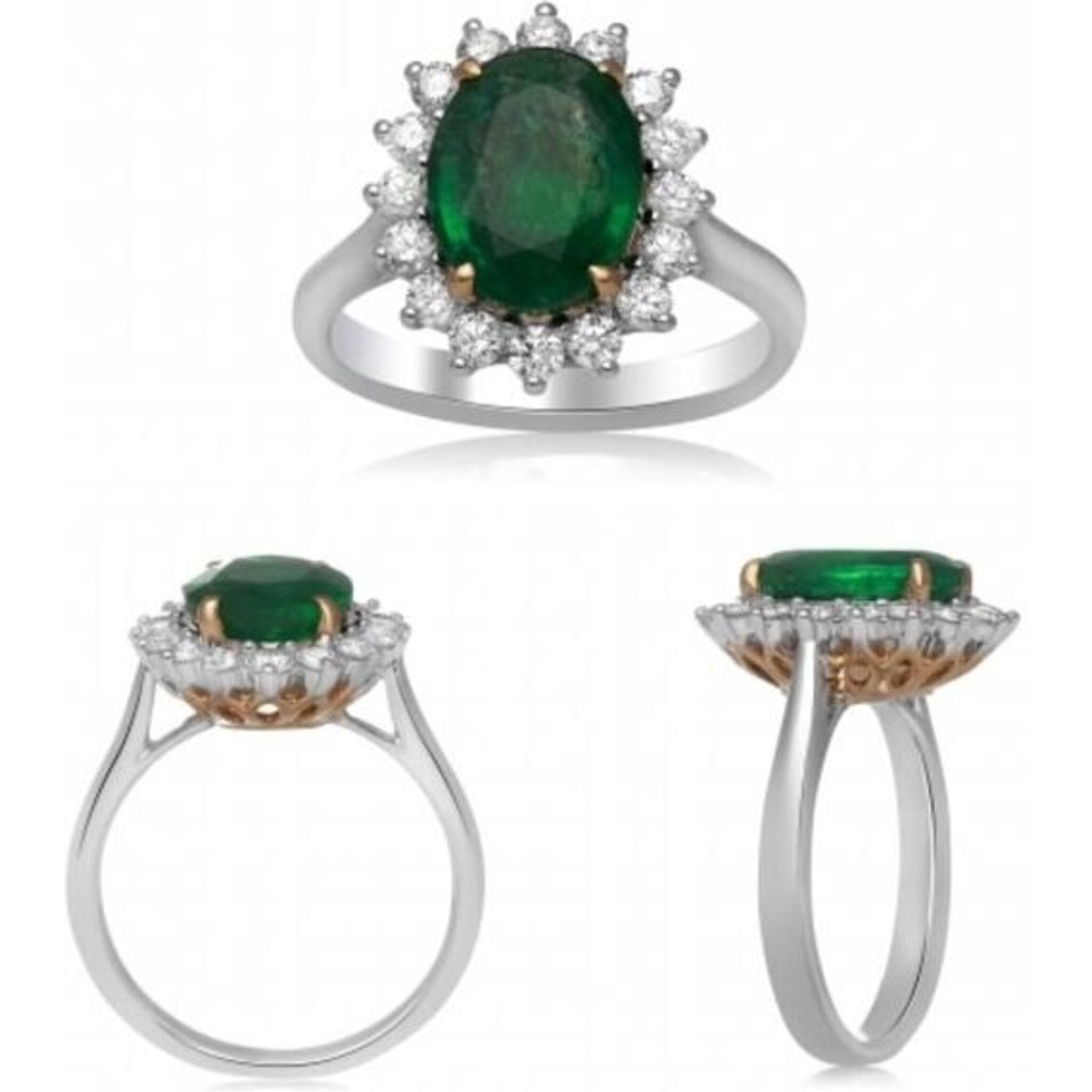Roman & Jules 18K White Gold Oval Emerald Ring with Diamond Halo - 2.82 Carat Emerald, 0.67 Carat Total Diamond Weight