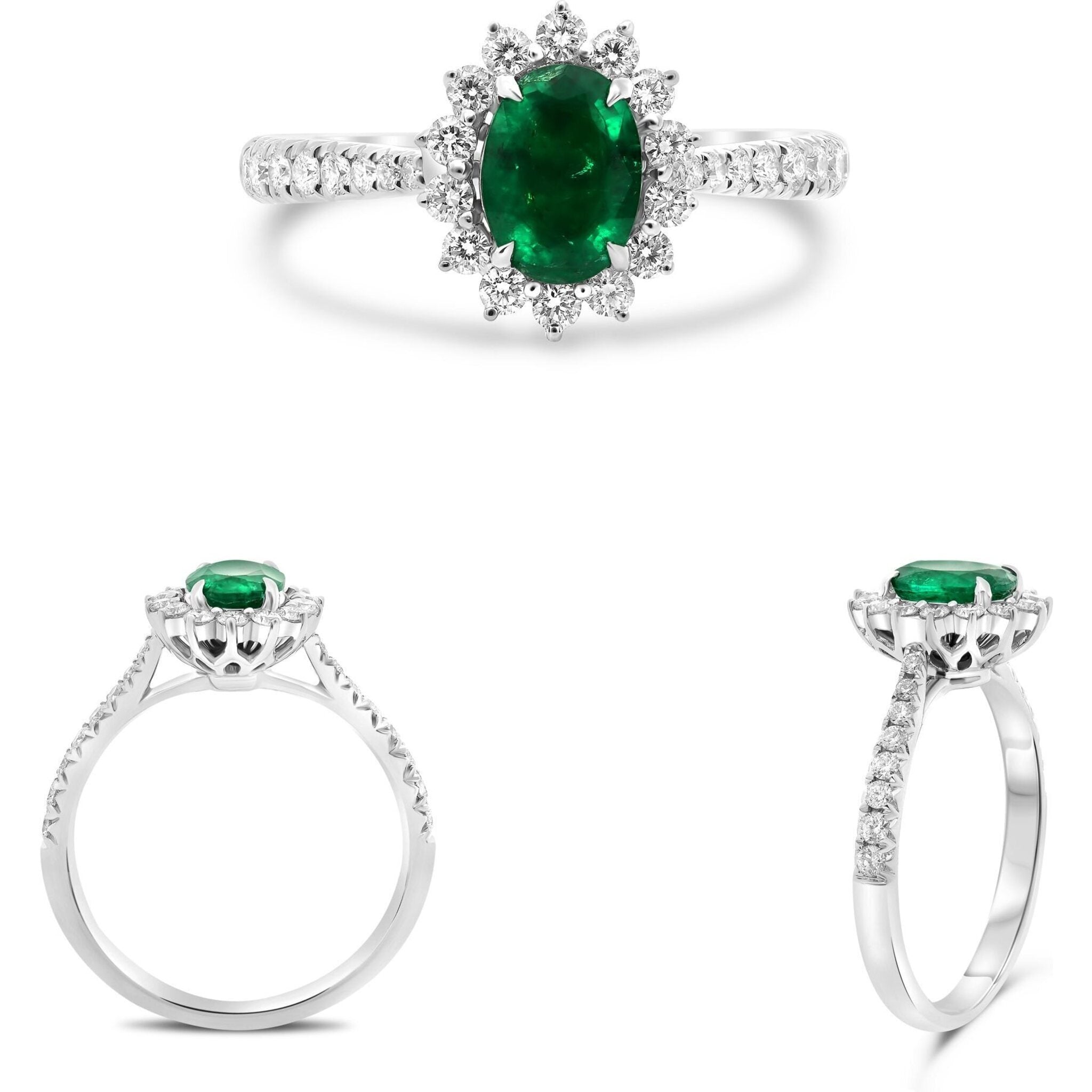 Roman & Jules 18K White Gold Oval Emerald Ring with Round Diamond Accents - 1.10 Carat Total Gem Weight