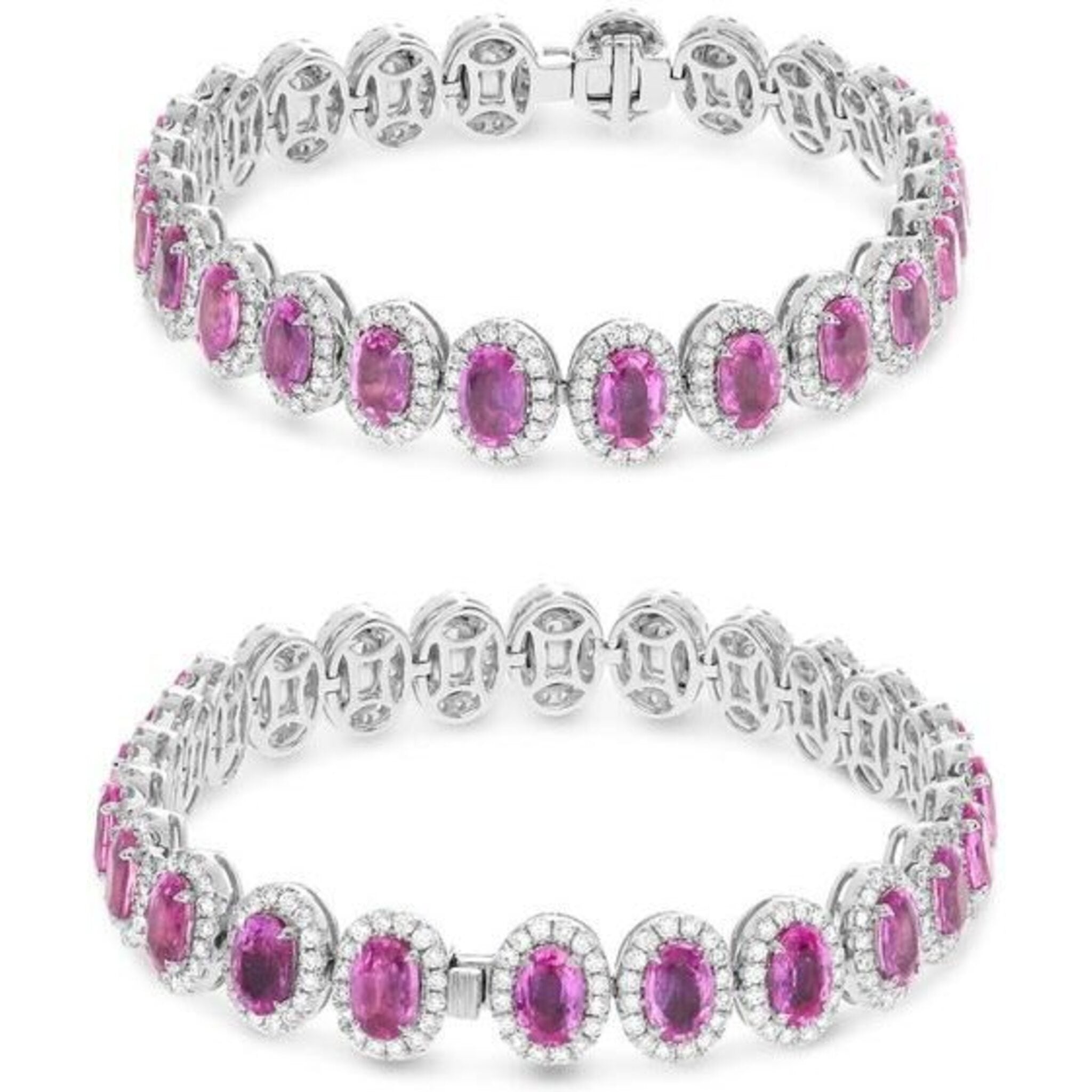 Roman & Jules 18K White Gold Oval Pink Sapphire and Diamond Halo Bracelet - 15.76 Carat Total Gem Weight