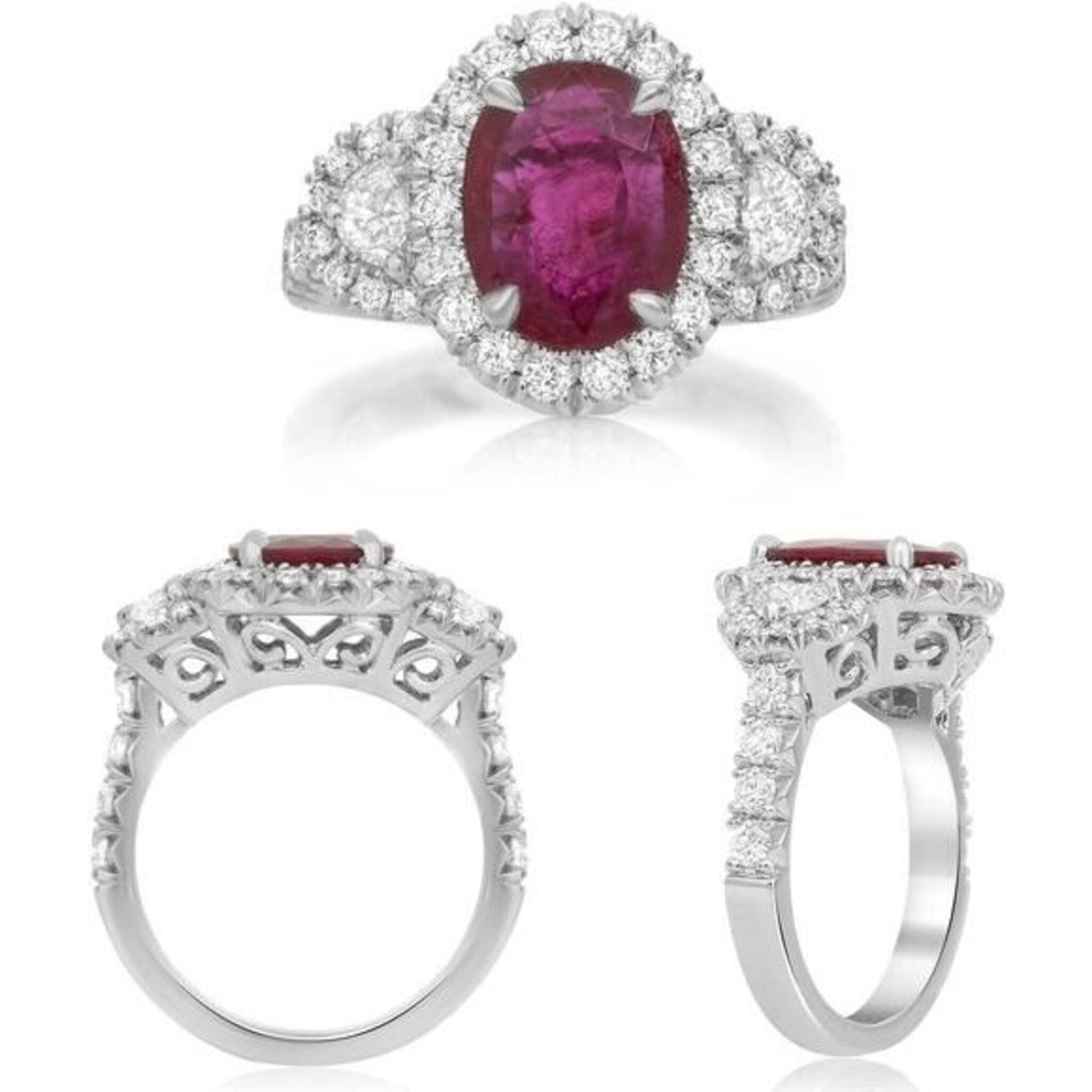 Roman & Jules 18K White Gold Oval Ruby & Diamond Ring - 2.36 Carat Ruby, 0.91 Carat Diamond Total Weight
