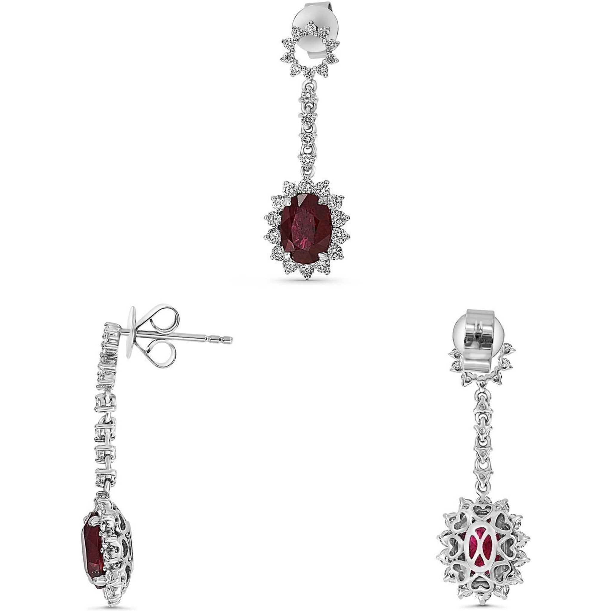 Roman & Jules 18K White Gold Oval Ruby Earrings - 0.97 Carat Diamonds, 1.67 Carat and 1.93 Carat Rubies