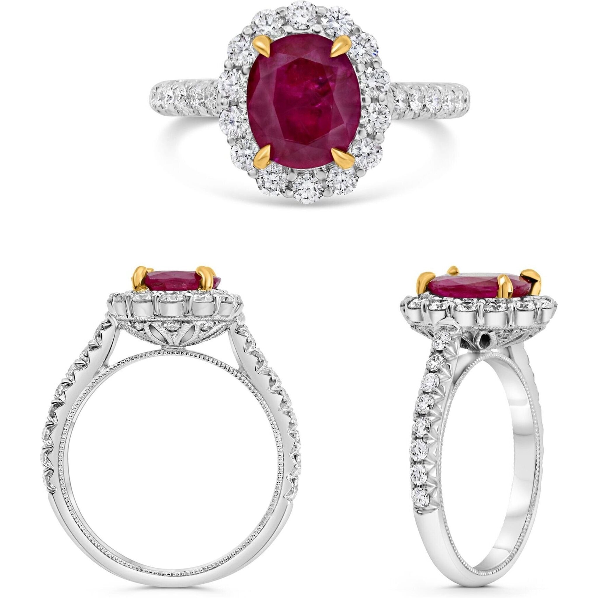 Roman & Jules 18K White Gold Oval Ruby Ring with 0.82 Carat Round Diamond and 1.98 Carat Oval Ruby - GIA Certified