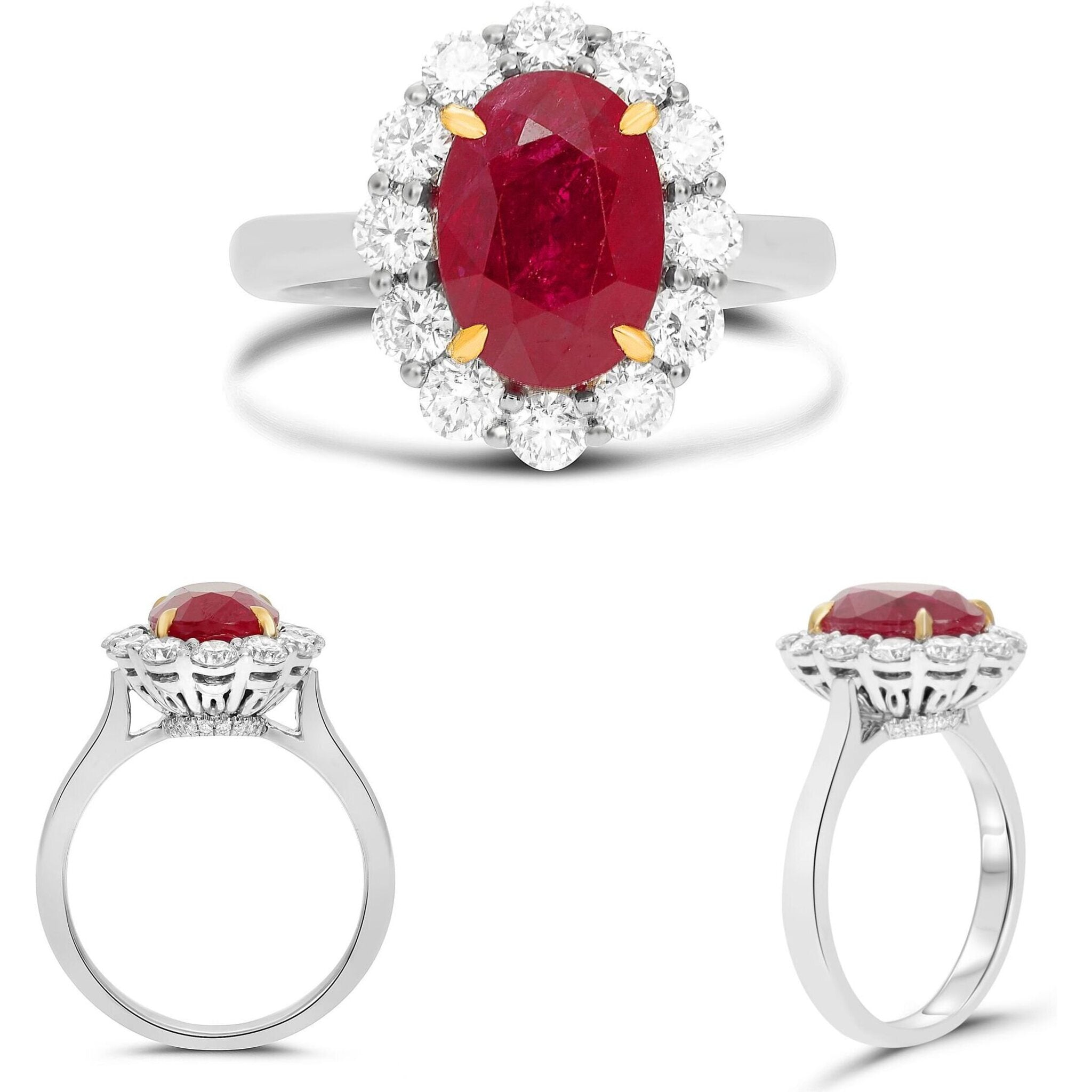 Roman & Jules 18K White Gold Oval Ruby Ring with 0.95 Carat Round Diamond and 3.73 Carat Ruby Halo