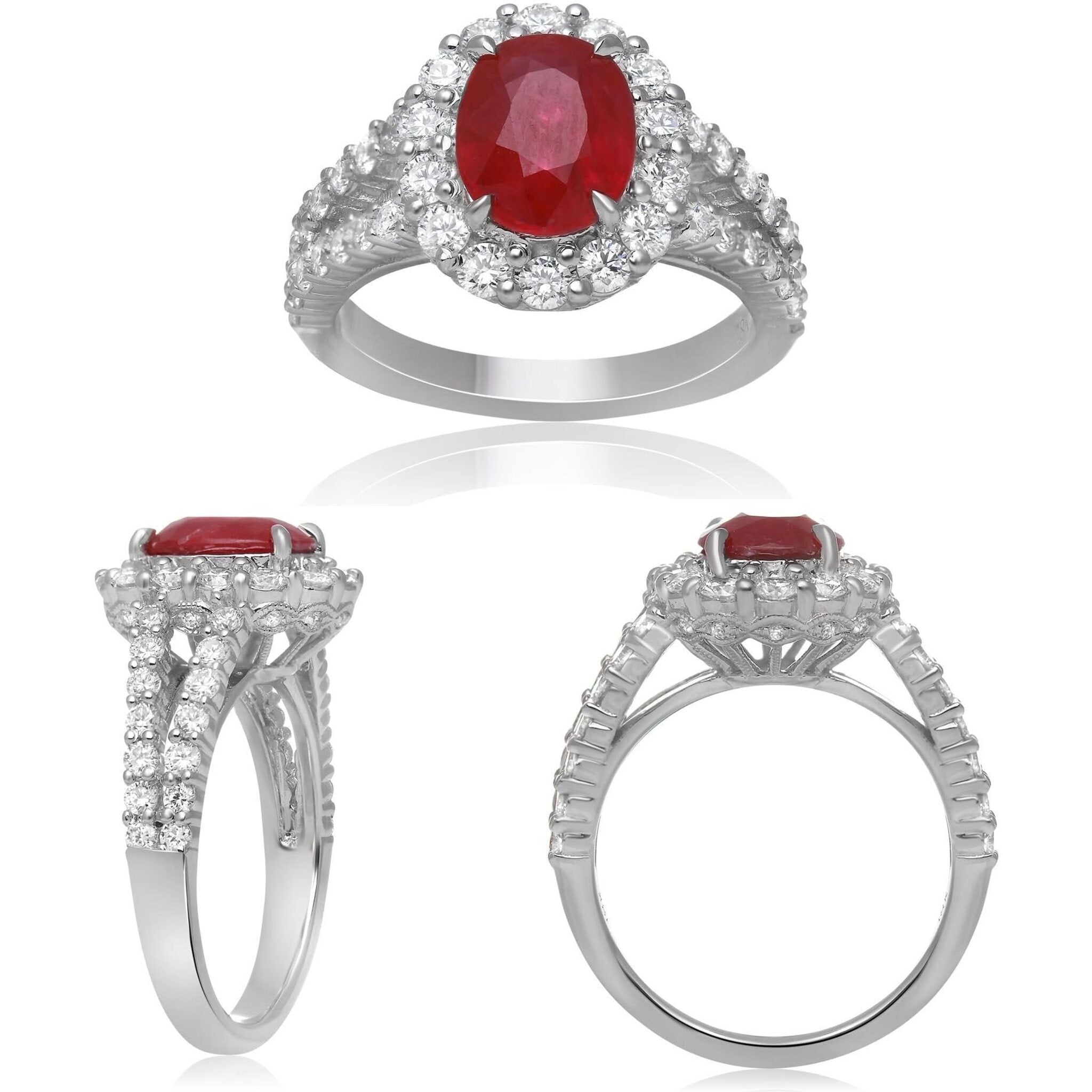 Roman & Jules 18K White Gold Oval Ruby Ring with 1.22 Carat GIA Certified Ruby and 2.24 Carat Diamond Halo