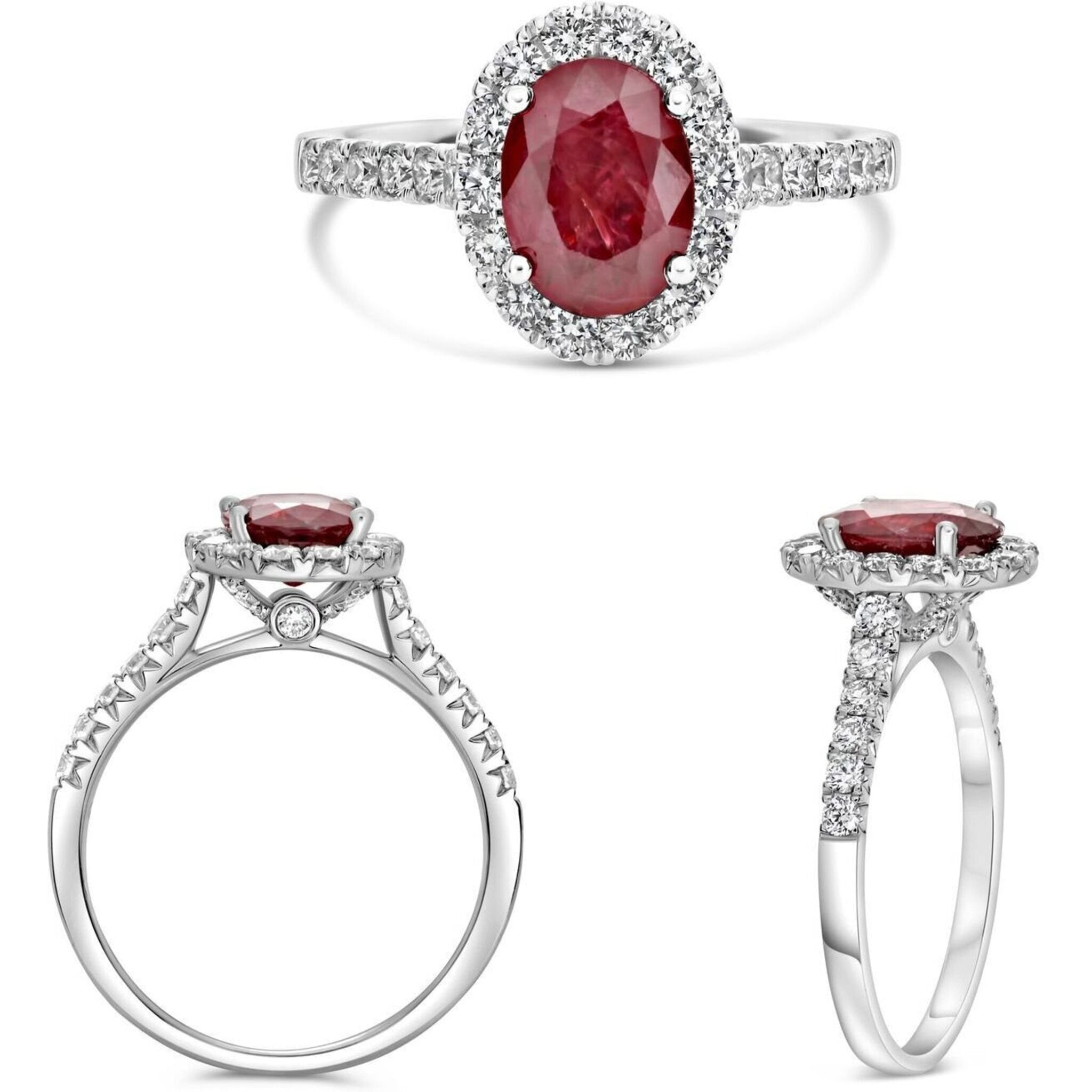 Roman & Jules 18K White Gold Oval Ruby Ring with .61 Carat Round Diamond and 1.65 Carat Oval Rubies