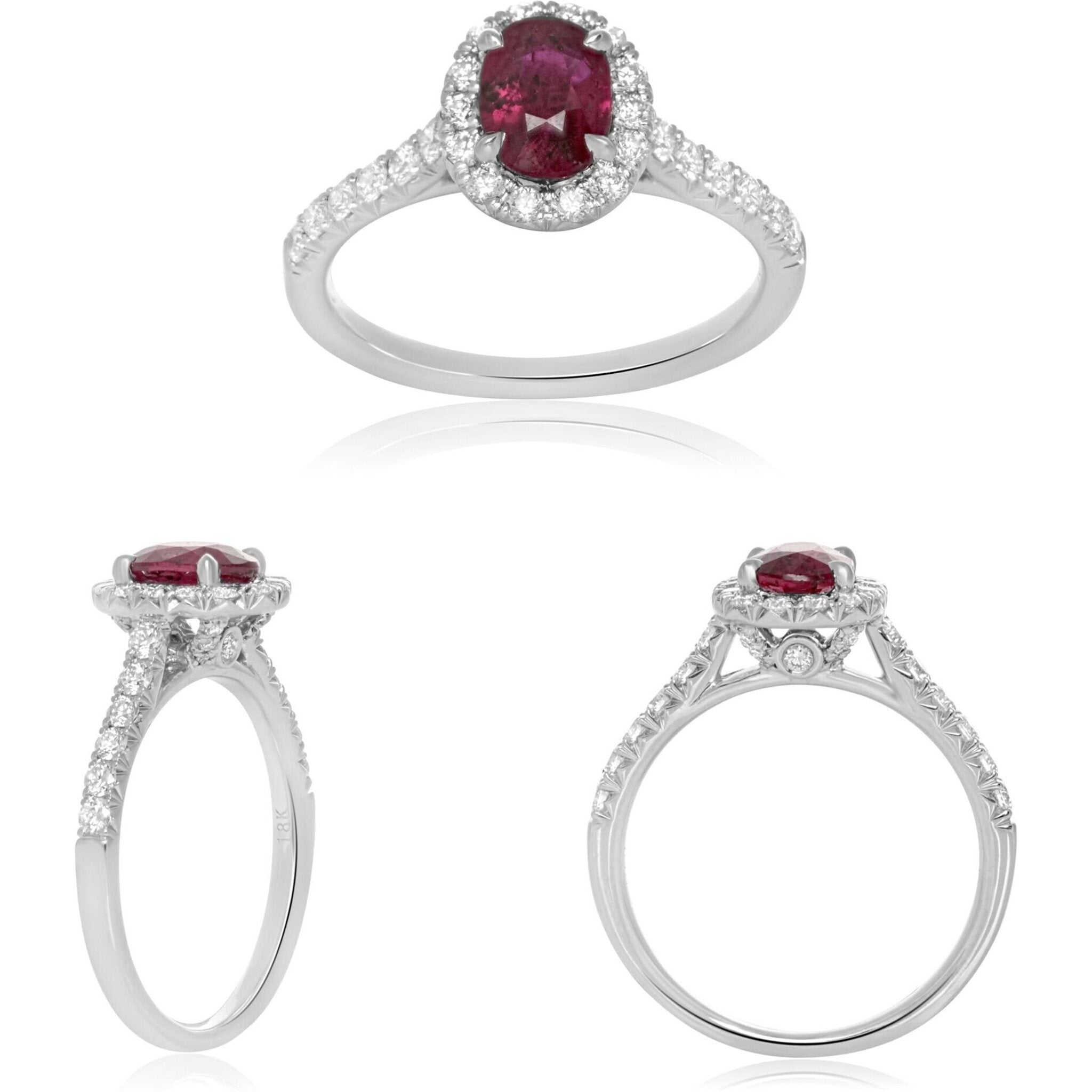 Roman & Jules 18K White Gold Oval Ruby Ring with Diamond Accents - 0.95 Carat Ruby, 0.54 Carat Total Diamond Weight