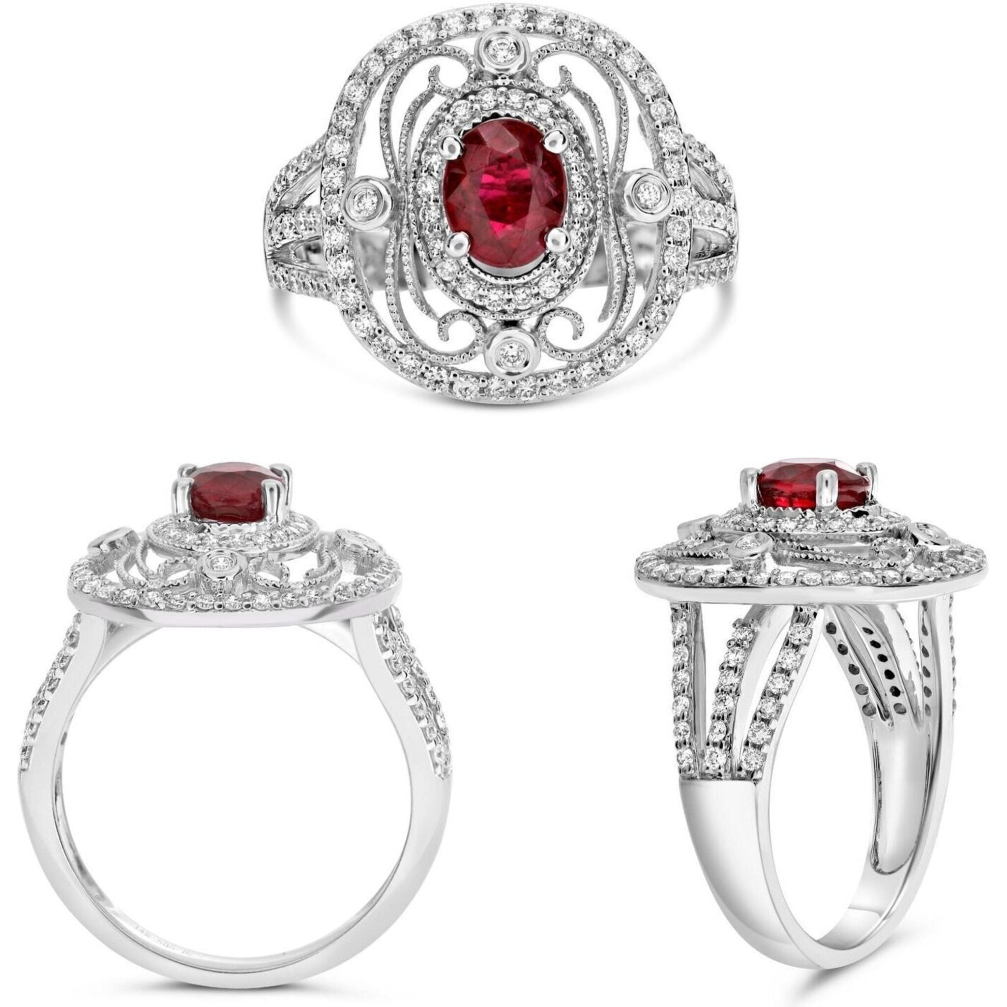 Roman & Jules 18K White Gold Oval Ruby Ring with GIA Certified 1.02 Carat Ruby and 0.55 Carat Diamond Accents
