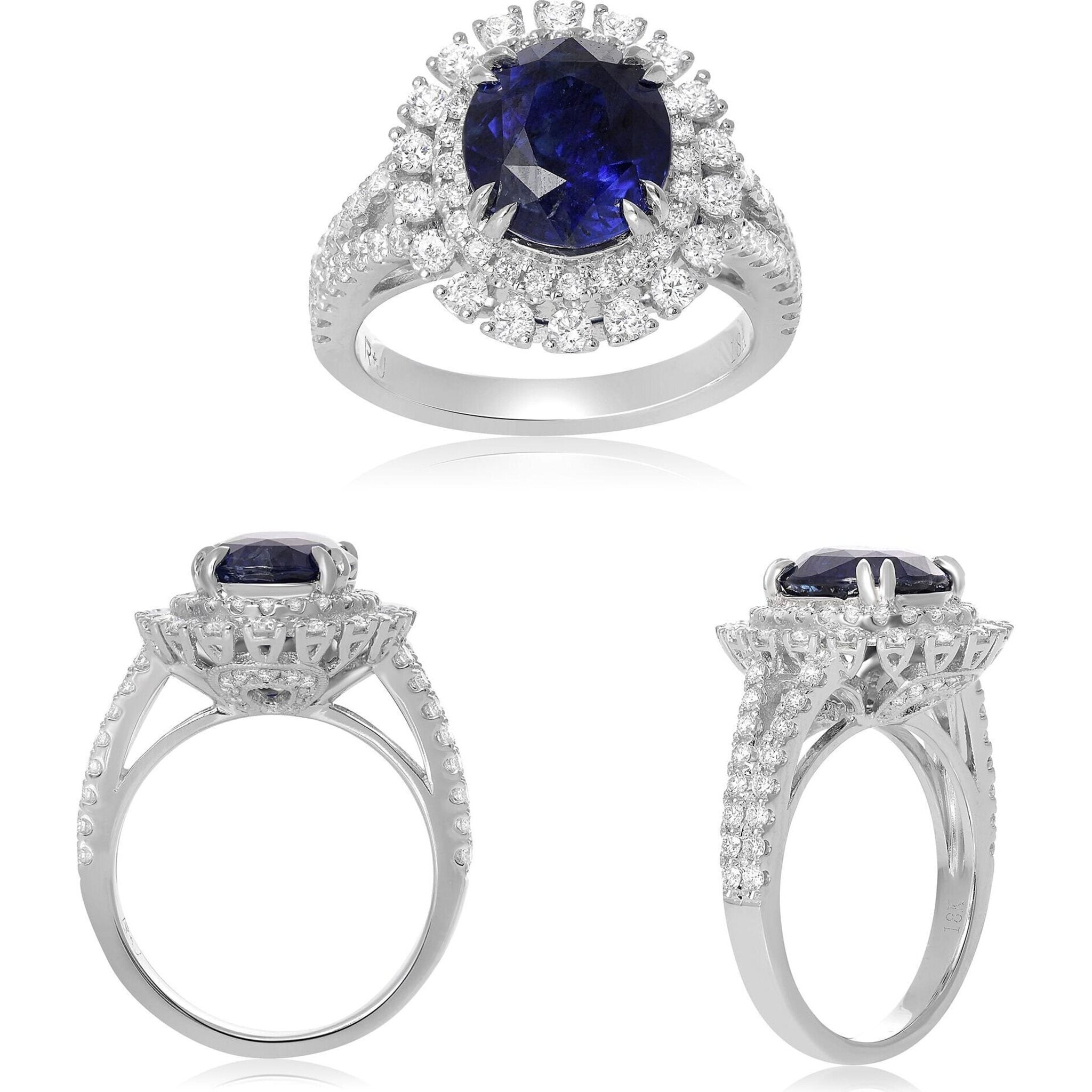 Roman & Jules 18K White Gold Oval Sapphire Elegance Ring - 1.11 Carat Diamond, 4.10 Carat Sapphire