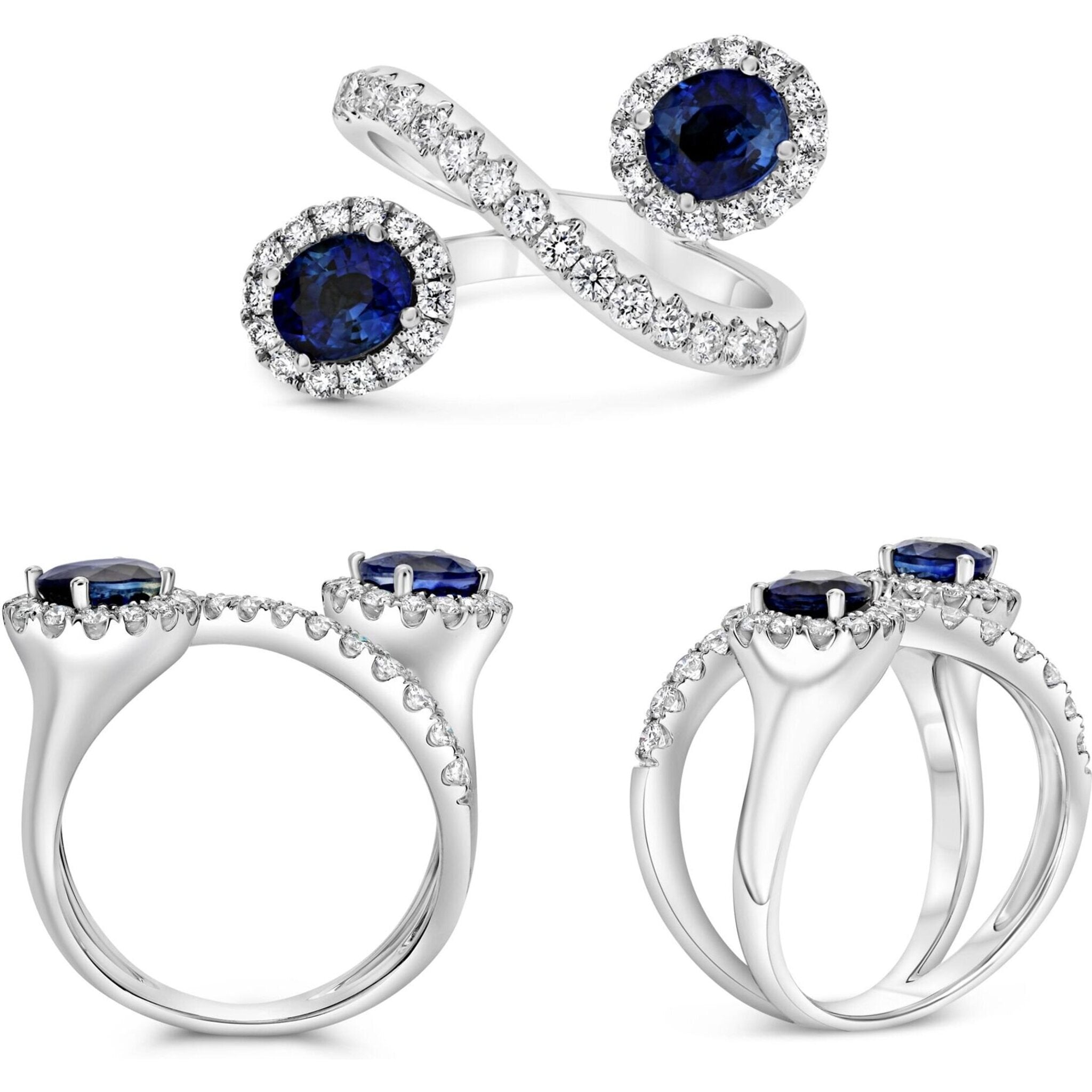 Roman & Jules 18K White Gold Oval Sapphire Elegance Ring with 0.70 Carat Round Diamond and 1.36 Carat Oval Sapphire