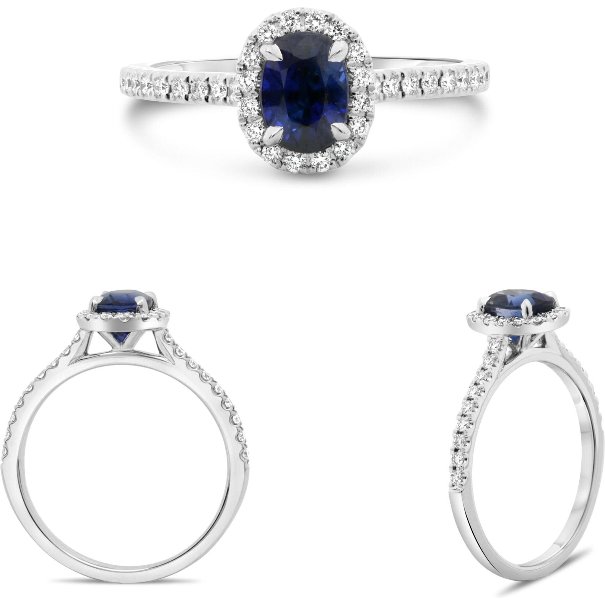 Roman & Jules 18K White Gold Oval Sapphire Elegance Ring with Diamond Halo - 1.29 Carat Total Gem Weight