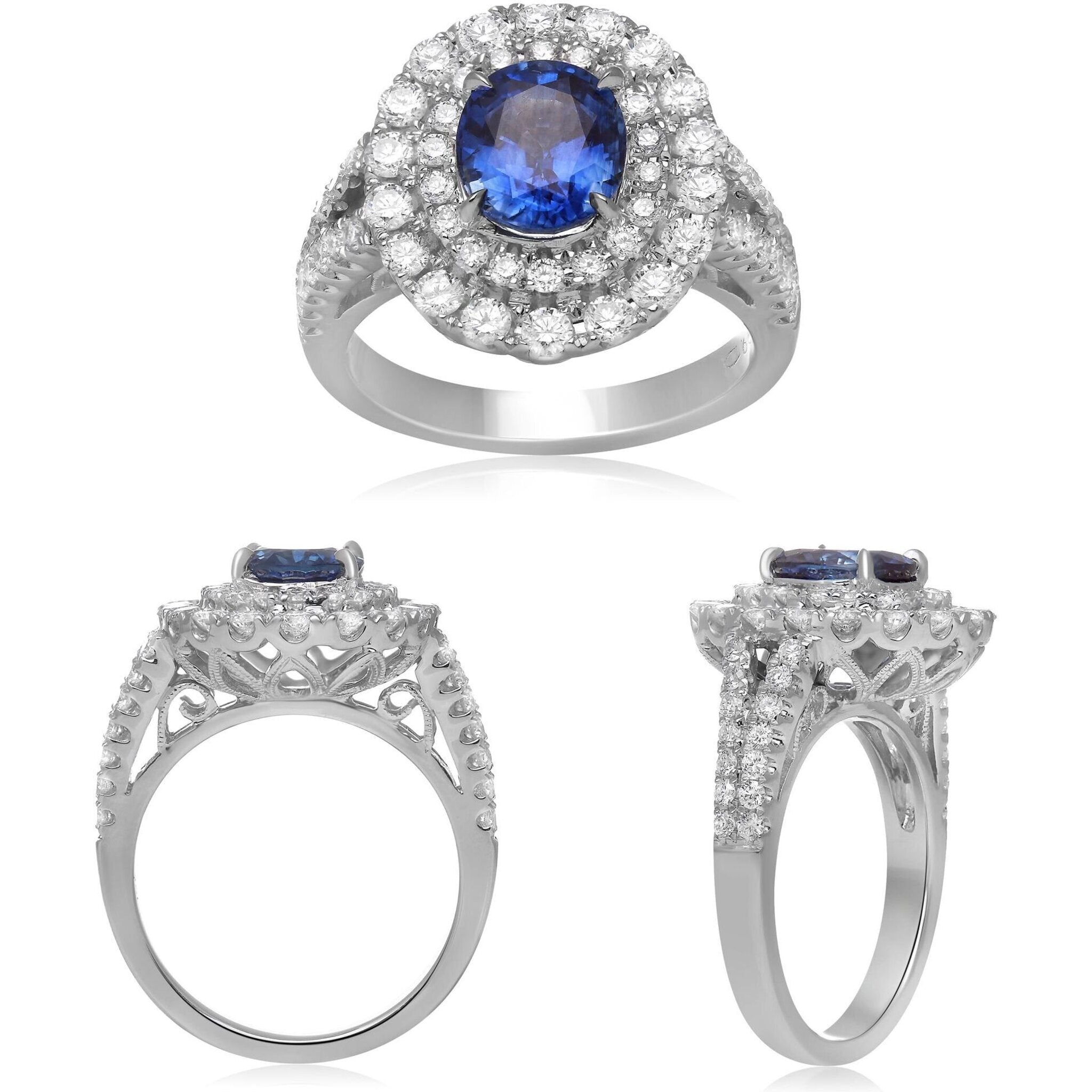 Roman & Jules 18K White Gold Oval Sapphire Elegance Ring with GIA-Certified Diamond Accent - 3.23 Carat Total Gem Weight