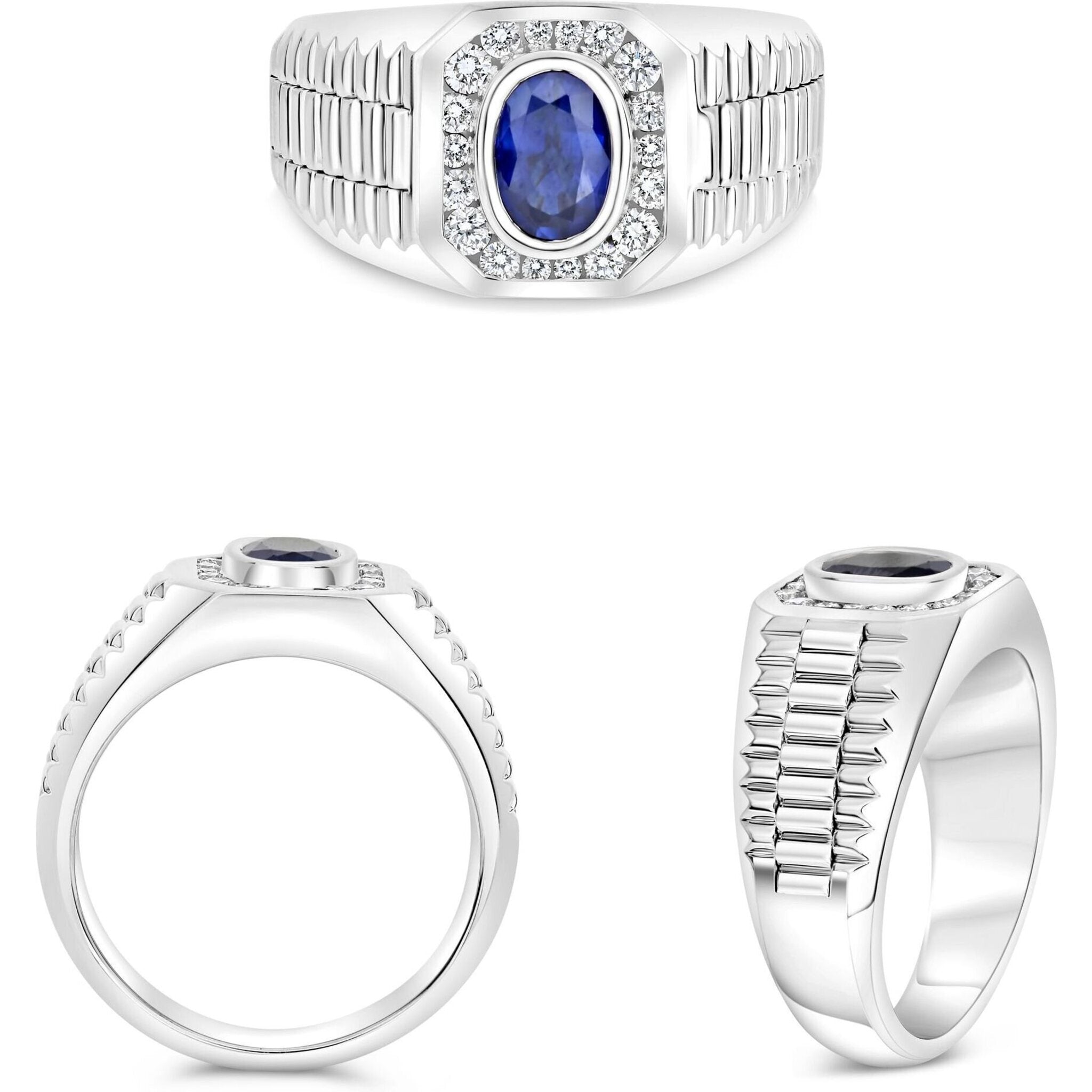 Roman & Jules 18K White Gold Oval Sapphire Men's Ring - 1.13 Carat Sapphire, 0.32 Carat Diamond