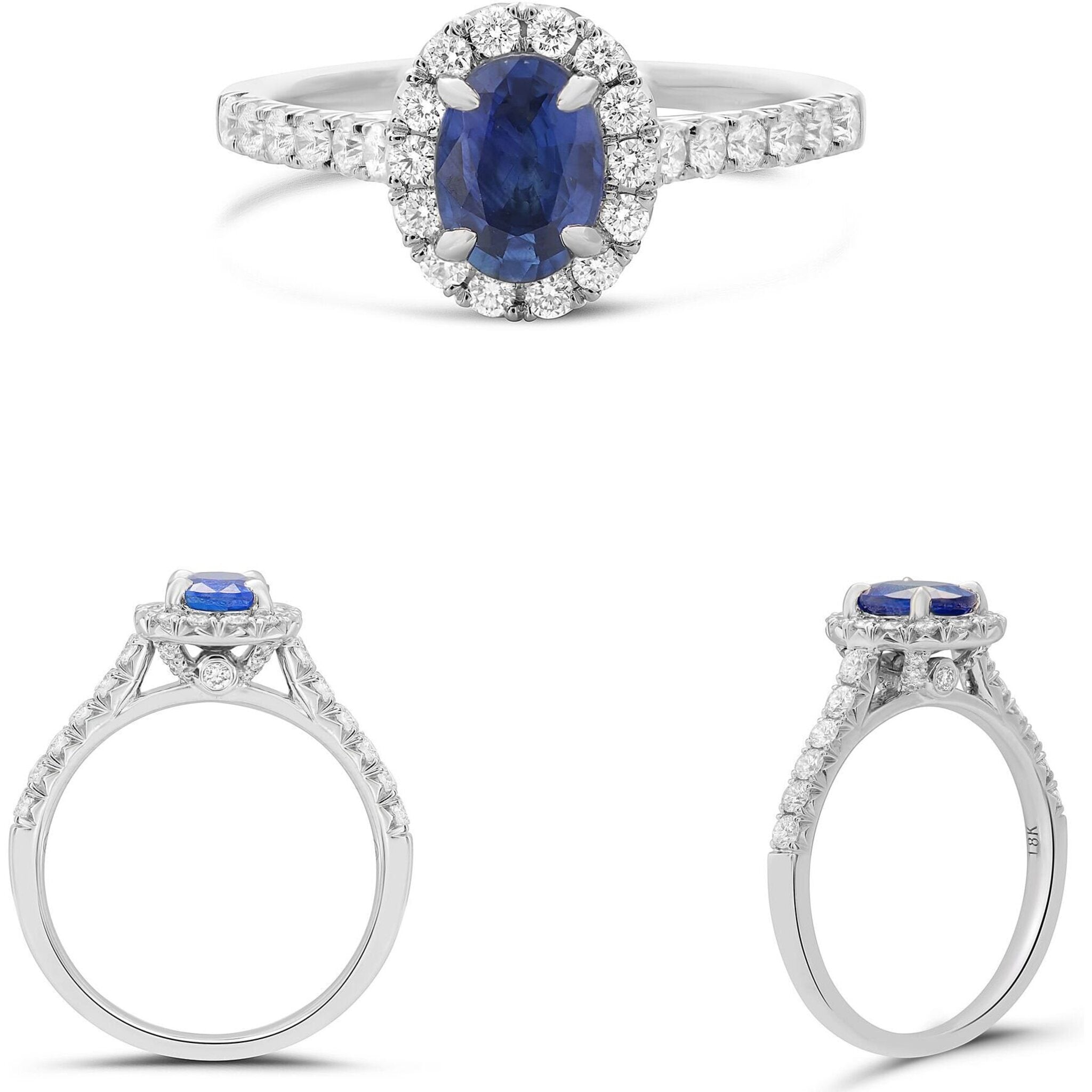 Roman & Jules 18K White Gold Oval Sapphire Ring with 1.04 Carat Sapphire and 0.53 Carat Diamonds