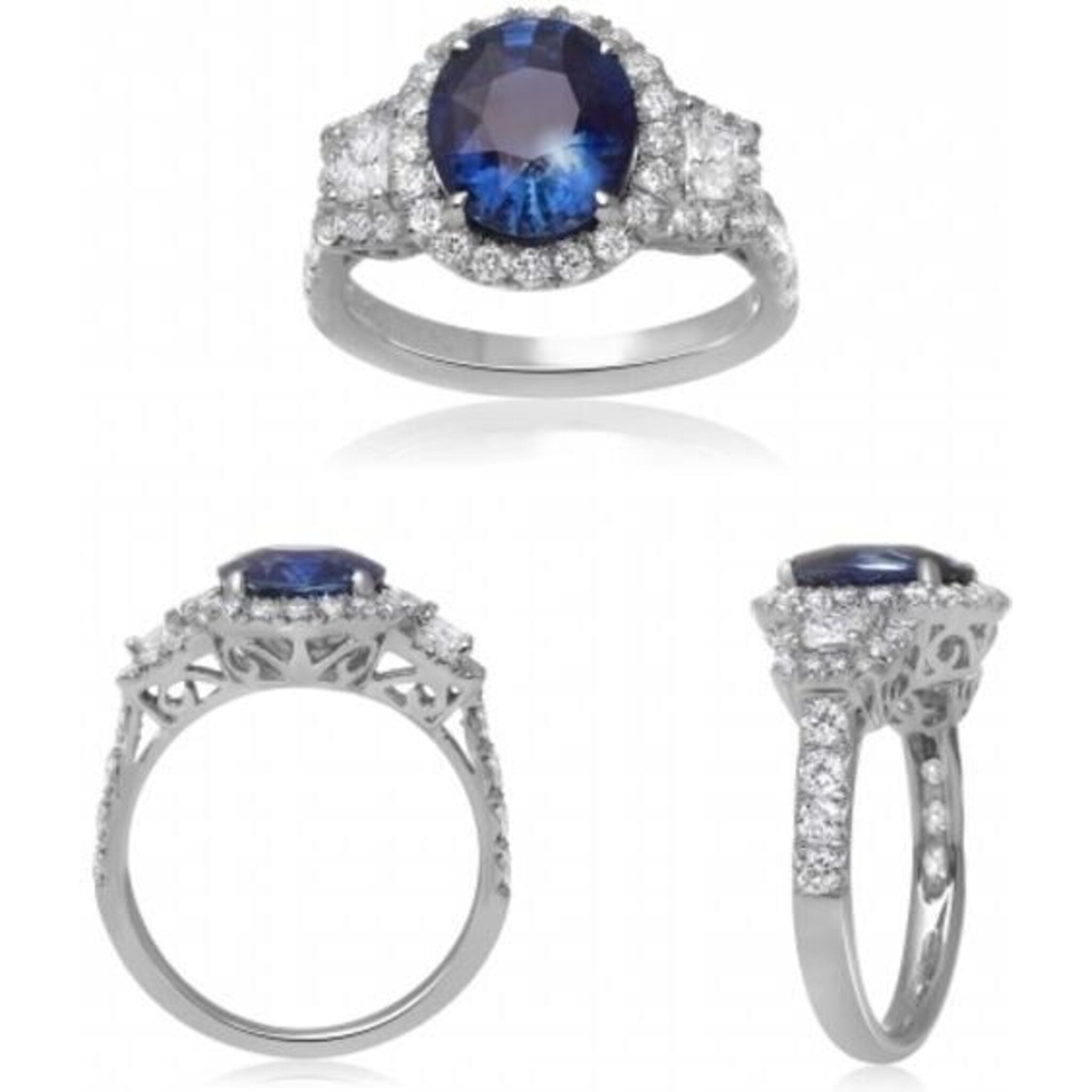 Roman & Jules 18K White Gold Oval Sapphire Ring with 3.53 Carat GIA-Certified Blue Sapphire and Diamond Accents