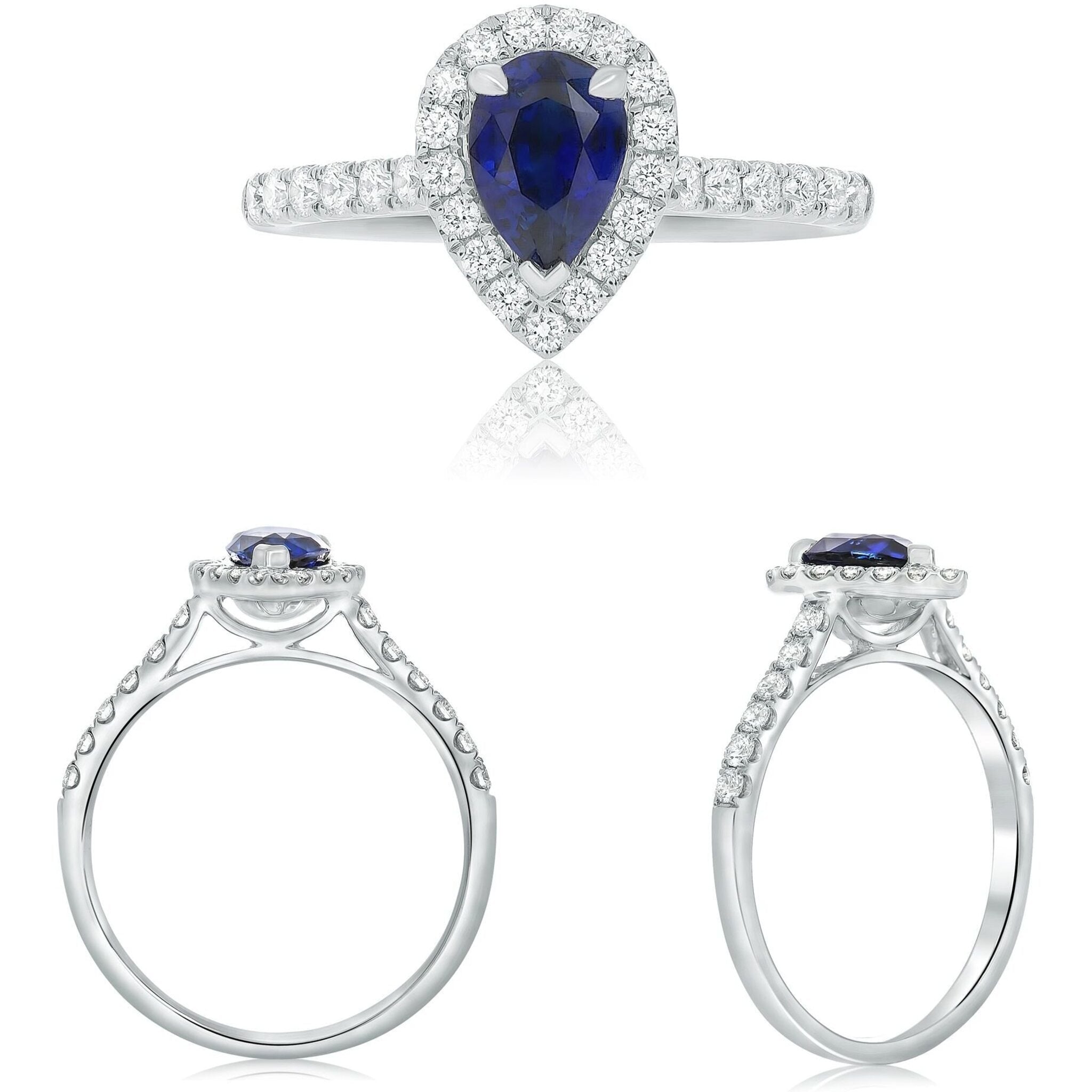 Roman & Jules 18K White Gold Pear Shape Sapphire Ring with 0.36 Carat Round Diamonds - 0.84 Carat Total Gem Weight