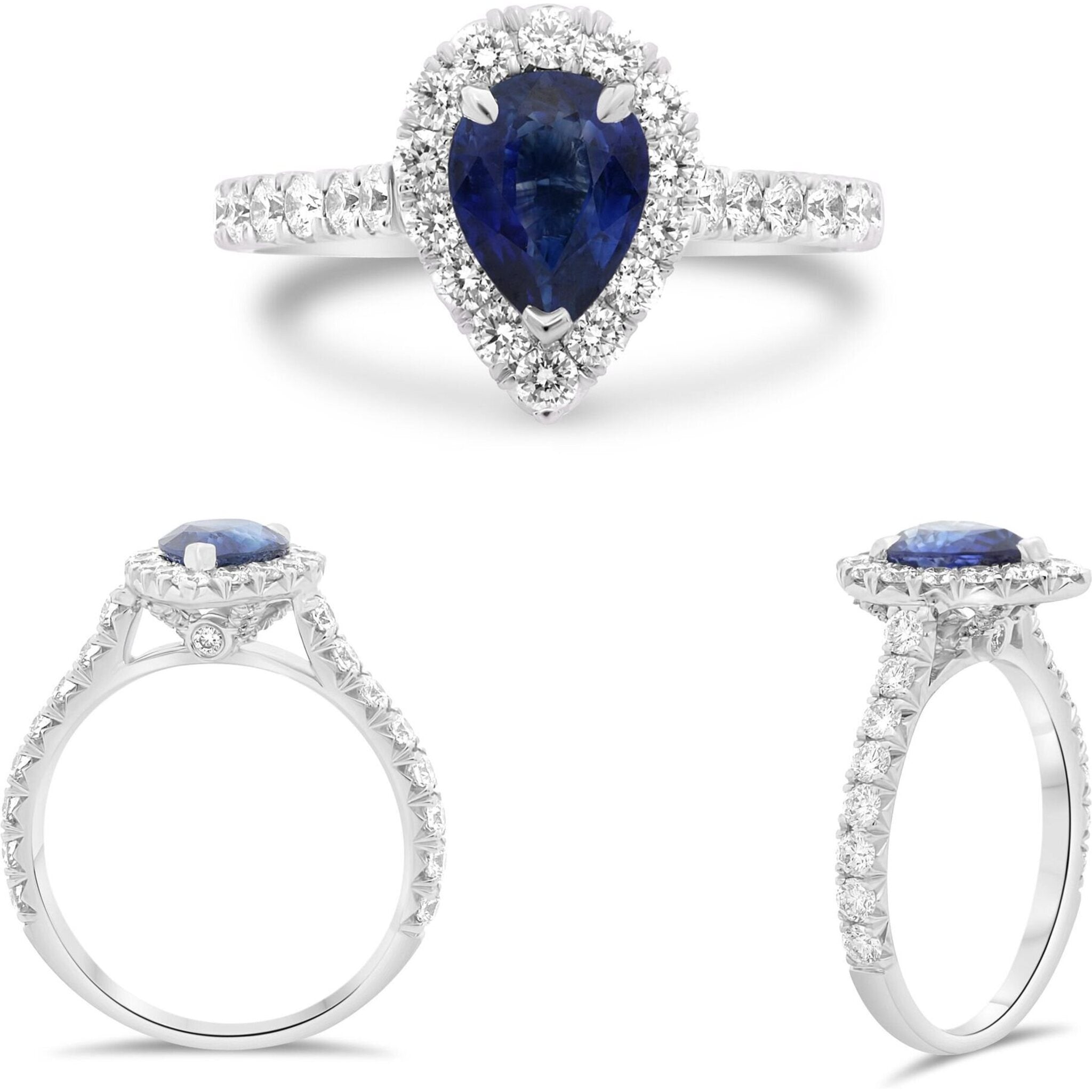 Roman & Jules 18K White Gold Pear Shape Sapphire Ring with .89 Carat Round Diamond and 1.31 Carat Pear-Shaped Sapphire