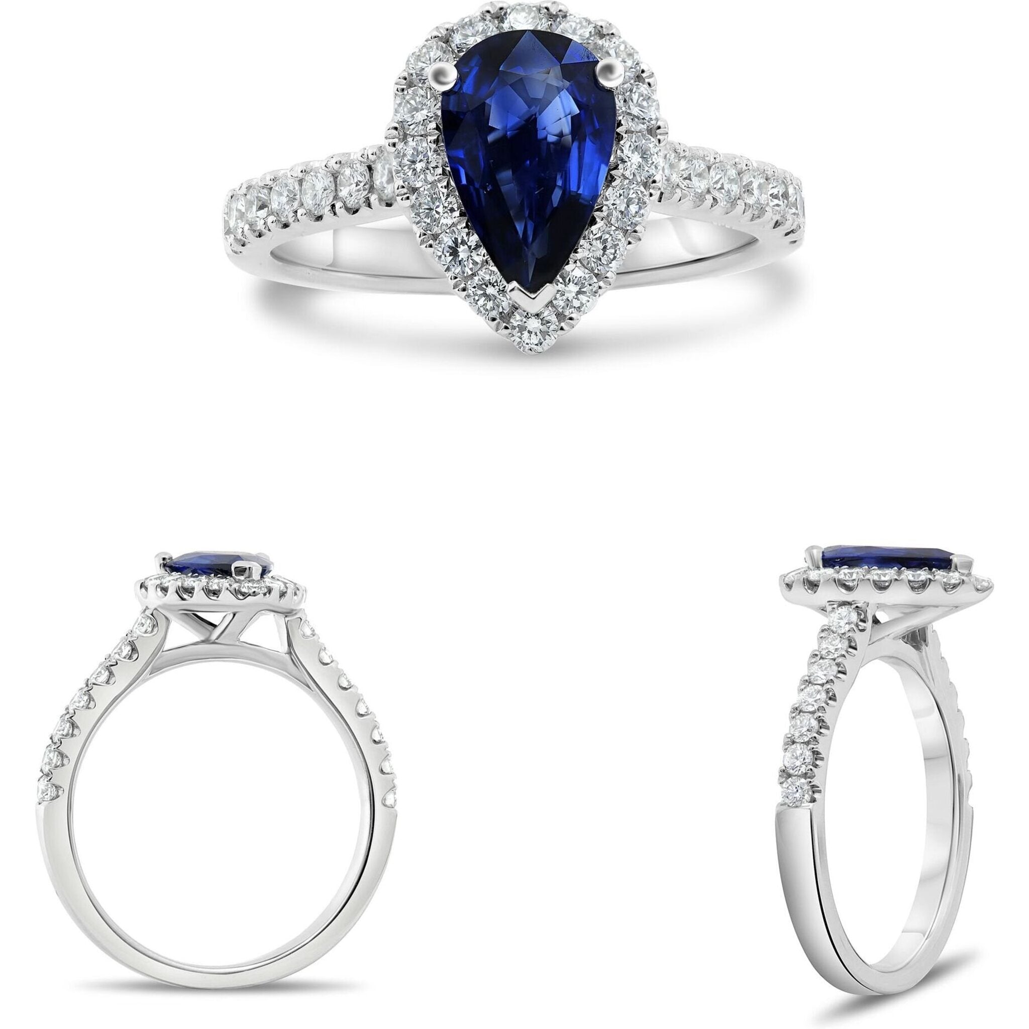 Roman & Jules 18K White Gold Pear Shape Sapphire Ring with Round Diamond Accents - 1.36 Carat Sapphire