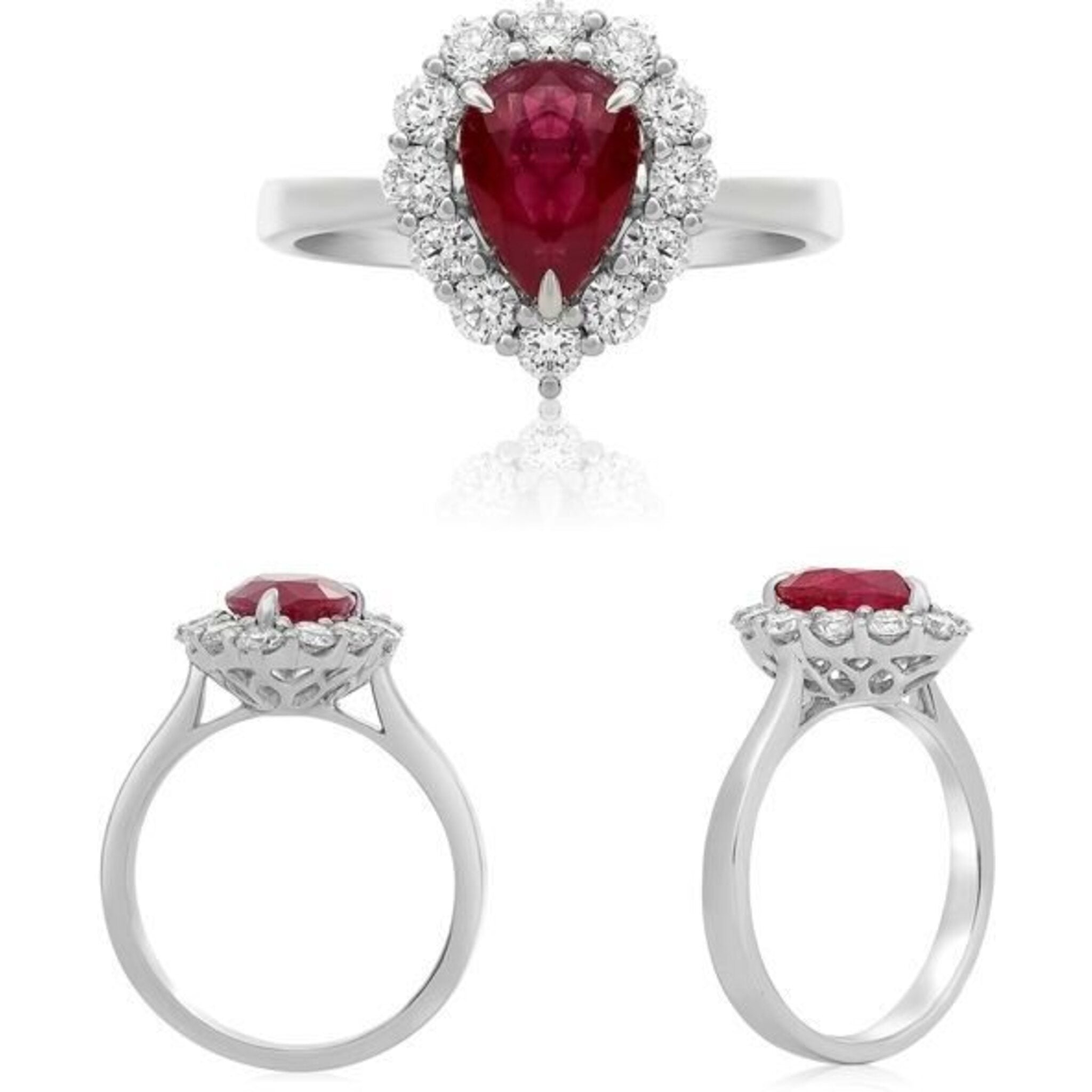 Roman & Jules 18K White Gold Pear-Shaped Ruby & Diamond Ring - 0.77 Carat Total Round Diamond Weight + 1.78 Carat Round Brilliant Ruby (GIA)