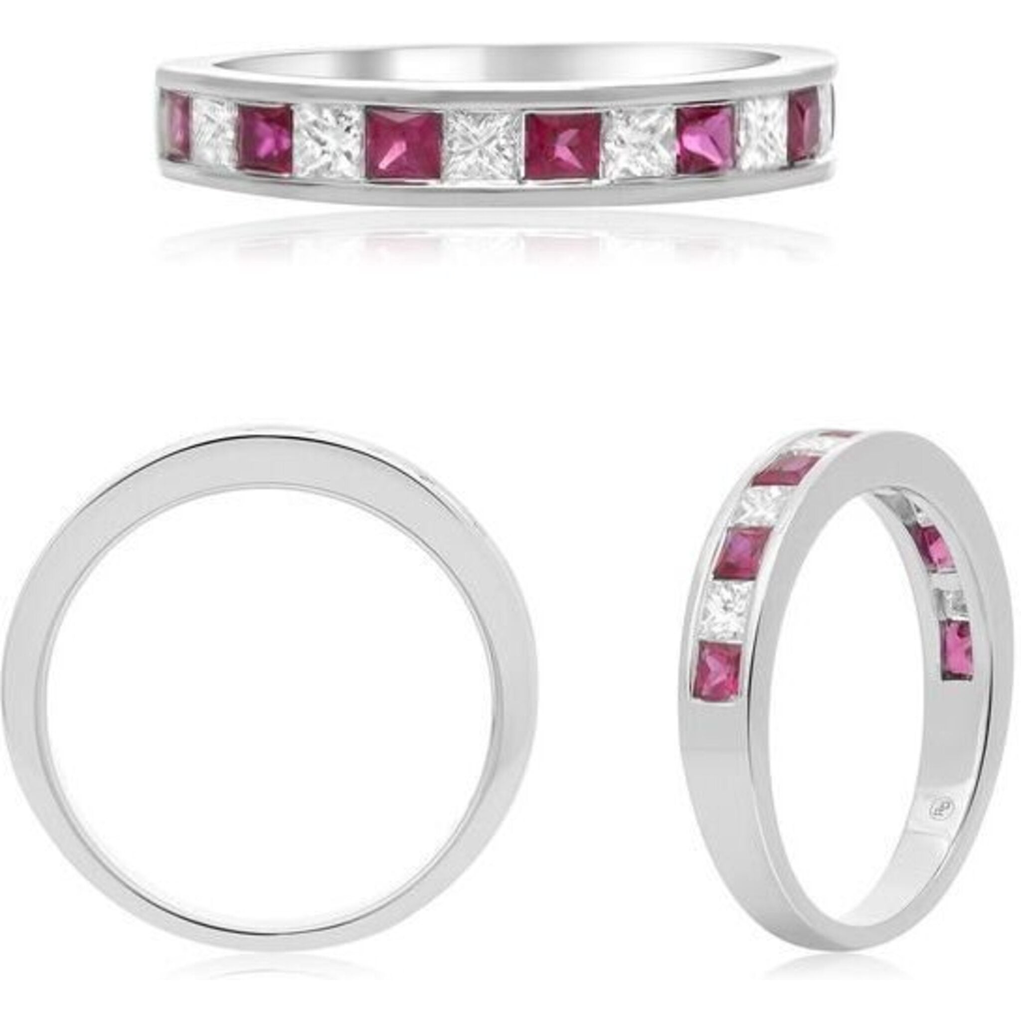 Roman & Jules 18K White Gold Princess Cut Ruby & Diamond Band - 44 Diamonds, 62 Rubies