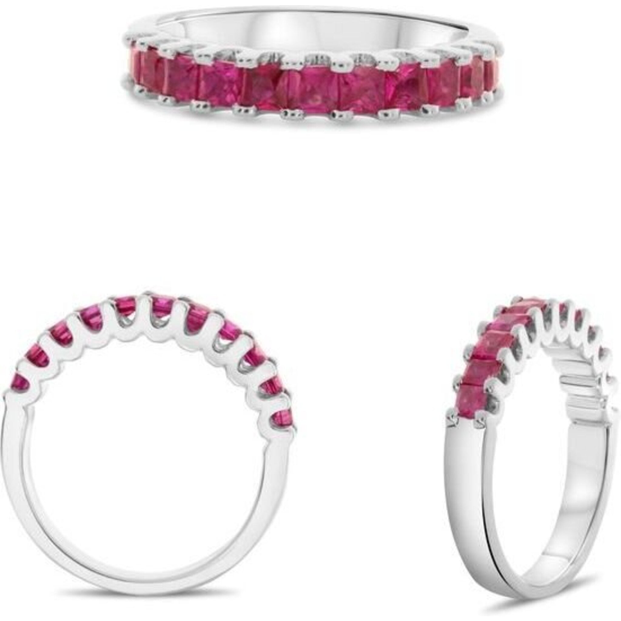 Roman & Jules 18K White Gold Princess Cut Ruby Half Pave Ring - 1.28 Carat Total Ruby Weight