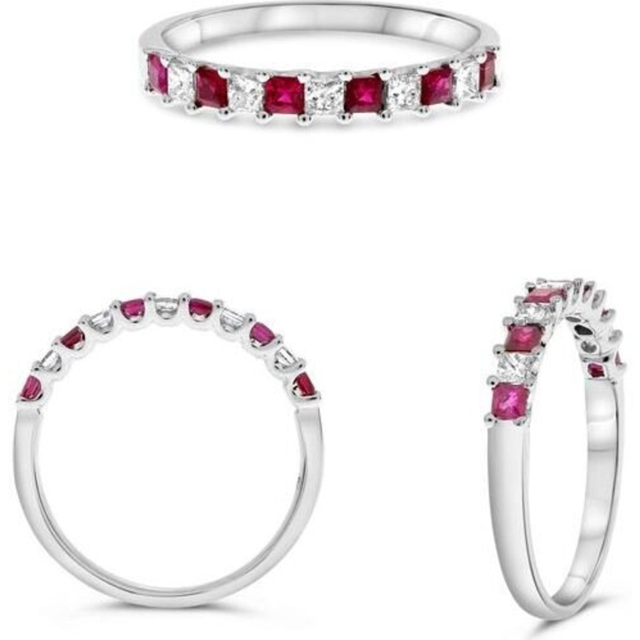 Roman & Jules 18K White Gold Princess Cut Ruby Ring with Diamond Accents - 0.42 Carat Ruby, 0.27 Carat Diamond Total Weight