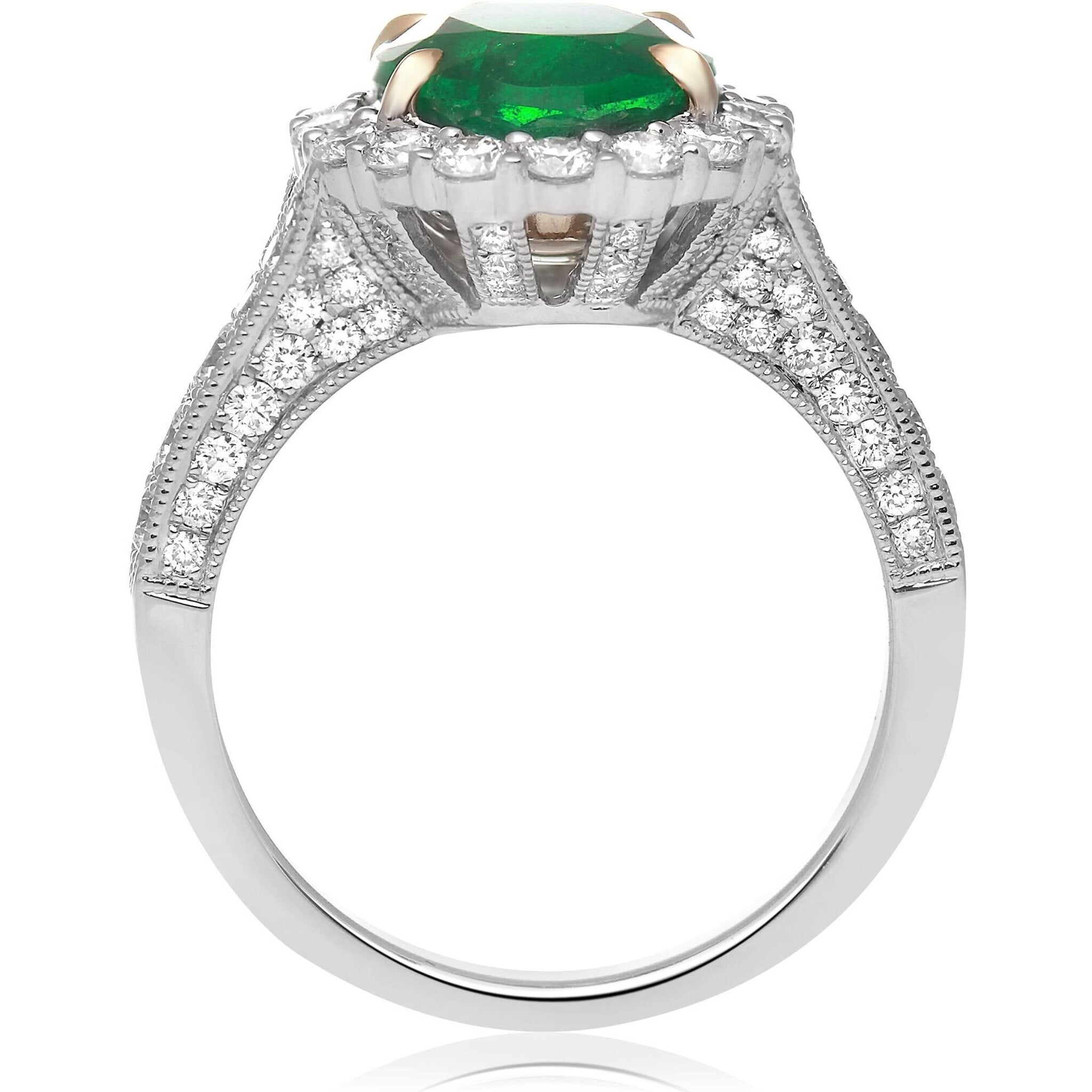 Roman & Jules 18K White Gold Prong Set Emerald Diamond Ring - 1.24 Carat Round Diamond, 3.38 Carat Emerald