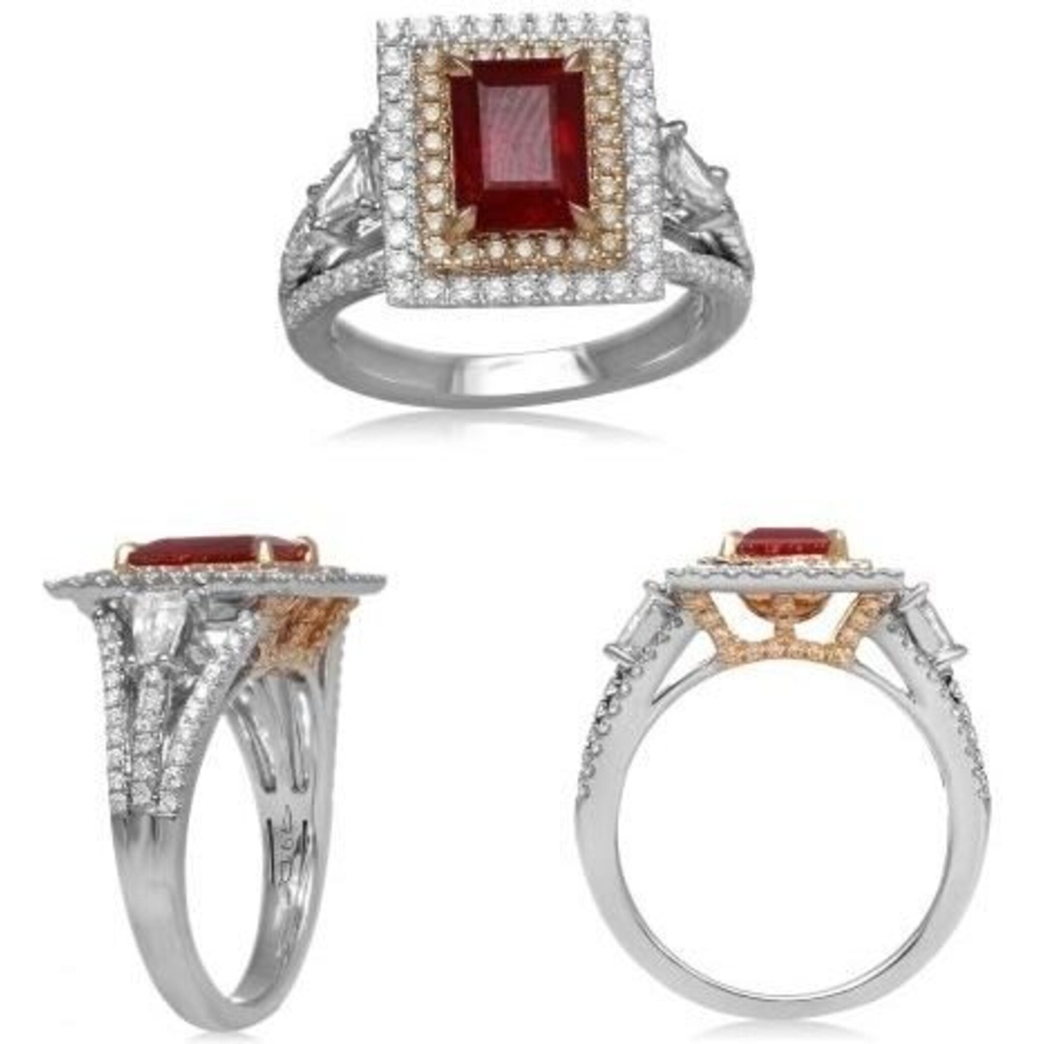 Roman & Jules 18K White Gold Radiant Ruby Ring with Diamond Halo - 2.01 Carat Ruby, 1.09 Carat Total Diamond Weight