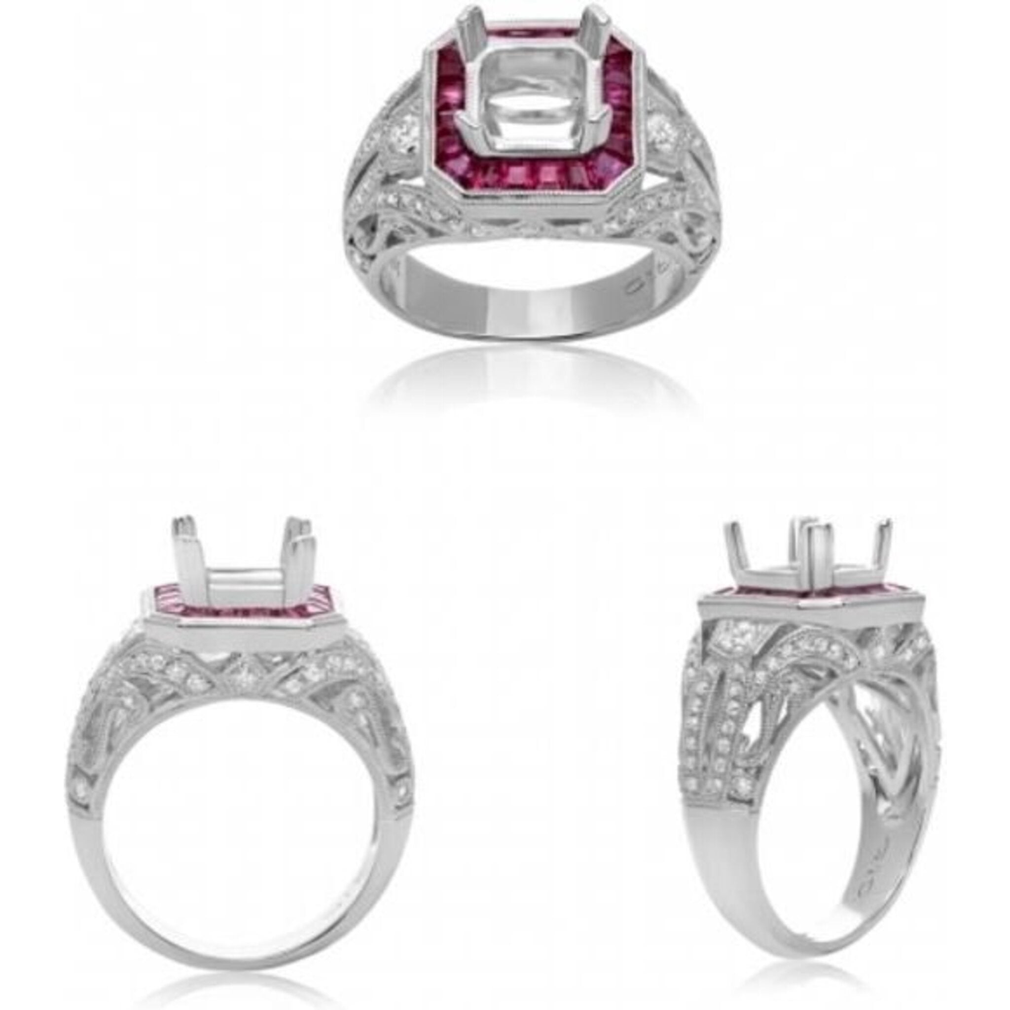 Roman & Jules 18K White Gold Radiant Ruby Ring with Diamond Halo - 2.22 Carat Total Gem Weight