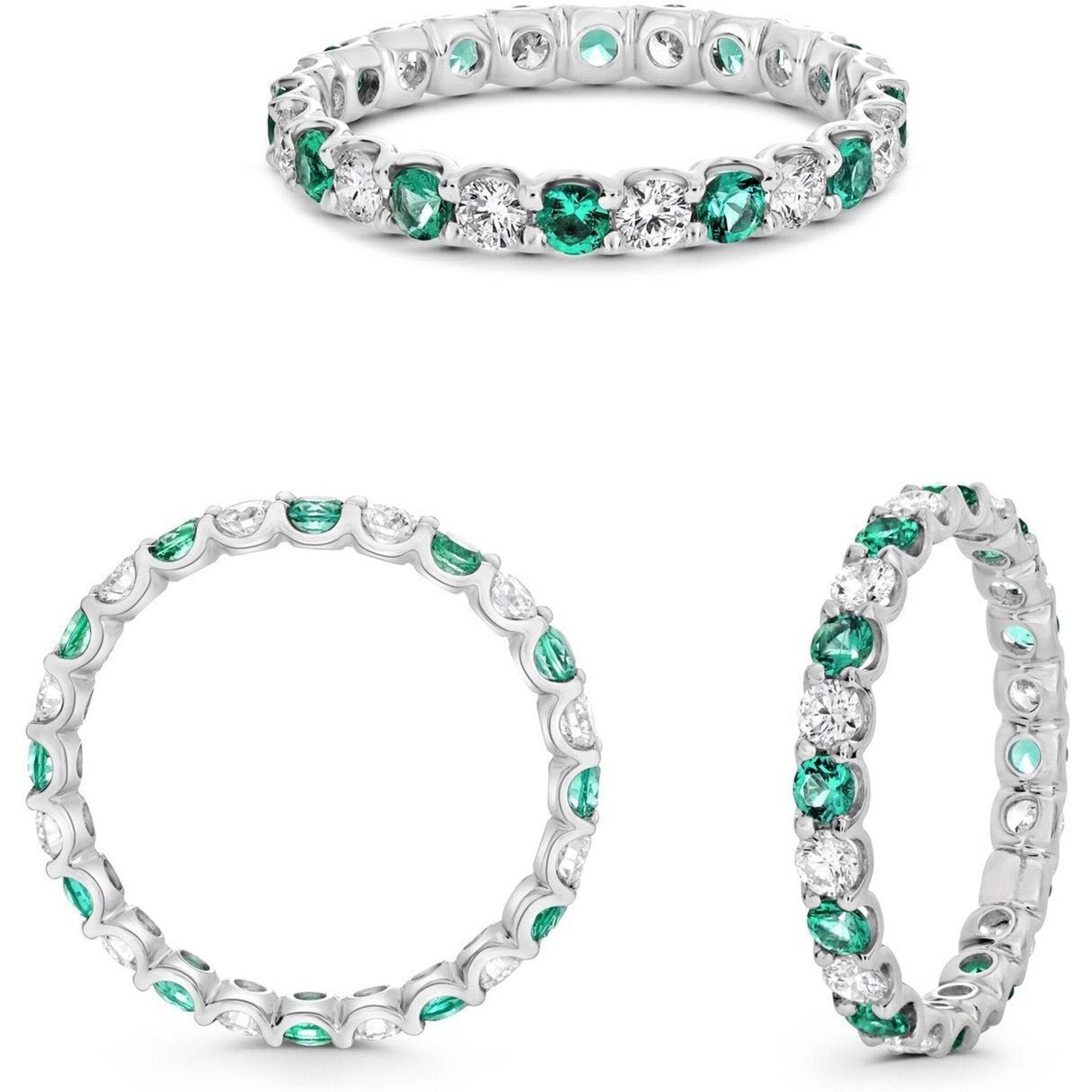 Roman & Jules 18K White Gold Round Emerald and Diamond Ring - 0.61 Carat Diamond, 0.52 Carat Emerald